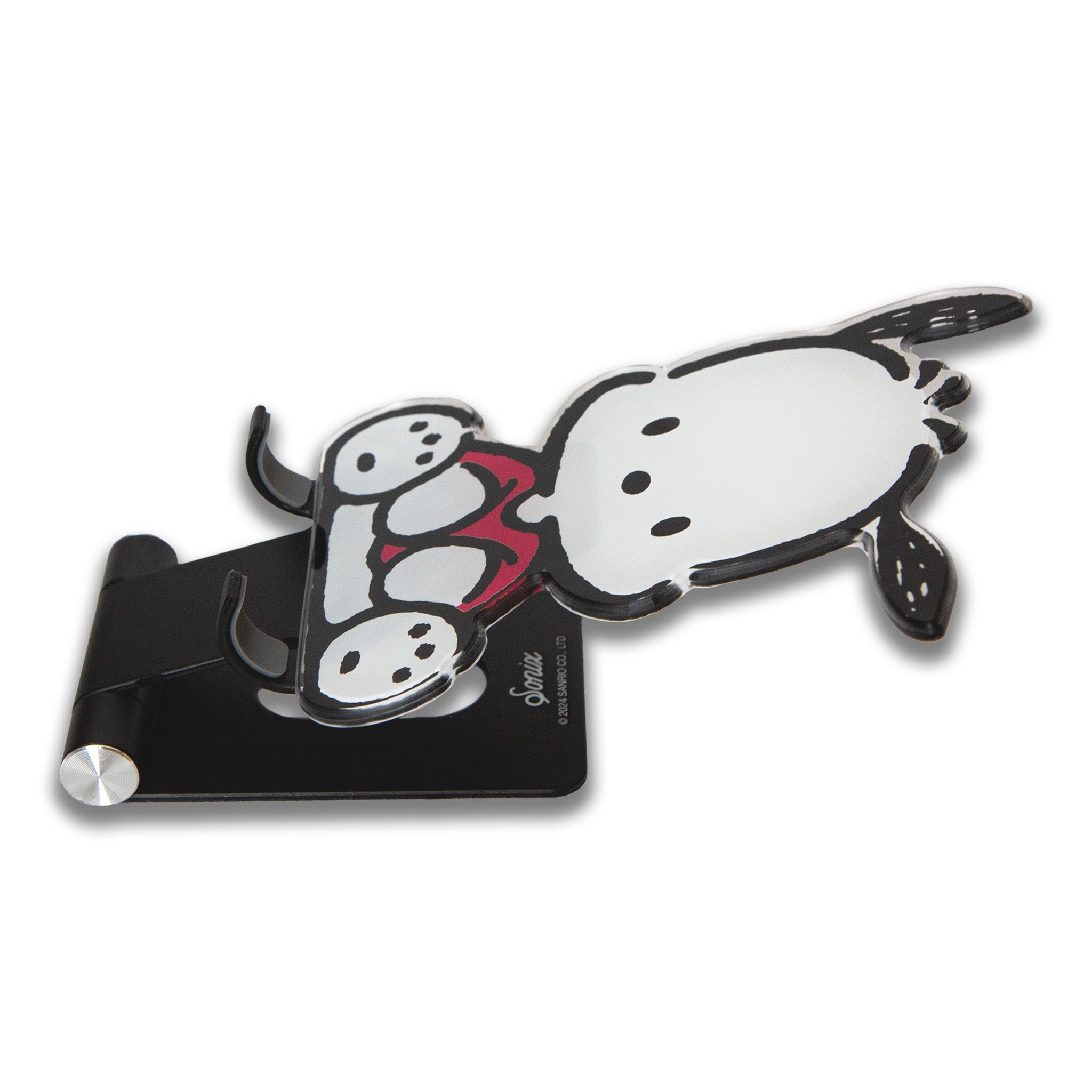 Front view of the cute acrylic Pochacco figure with a metal base, ideal for video calls