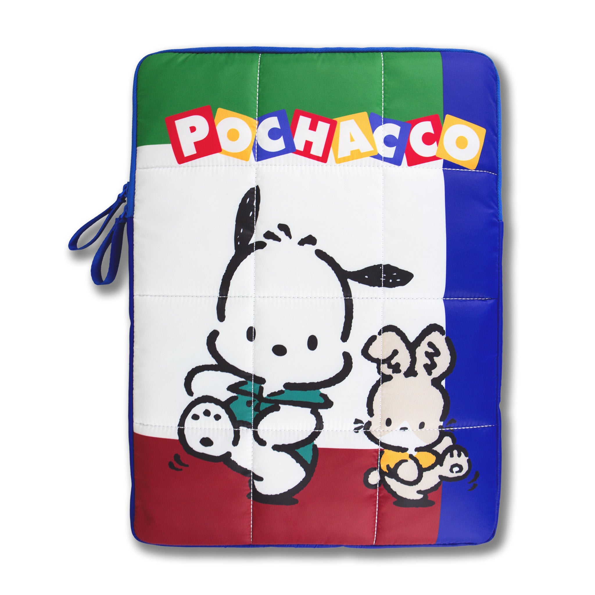 Front view of quilted 16 inch laptop sleeve with white dog Pochacco art