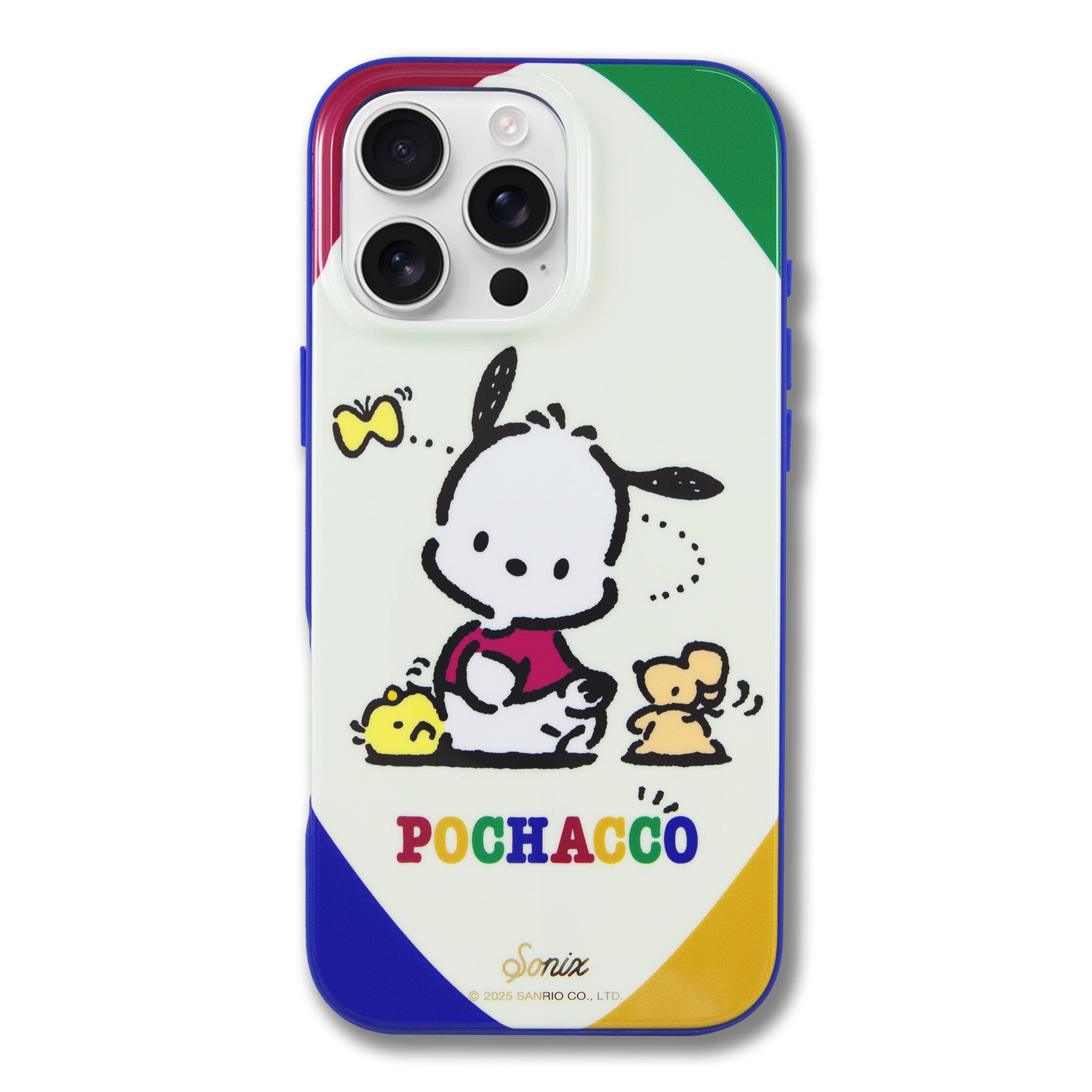 Pochacco artwork detail on the MagSafe phone case, held against a neutral background.
