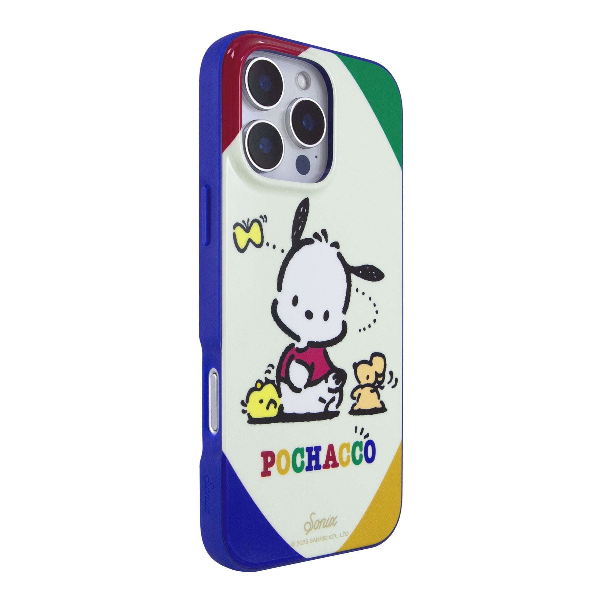 Pochacco artwork detail on the MagSafe phone case, held against a neutral background.