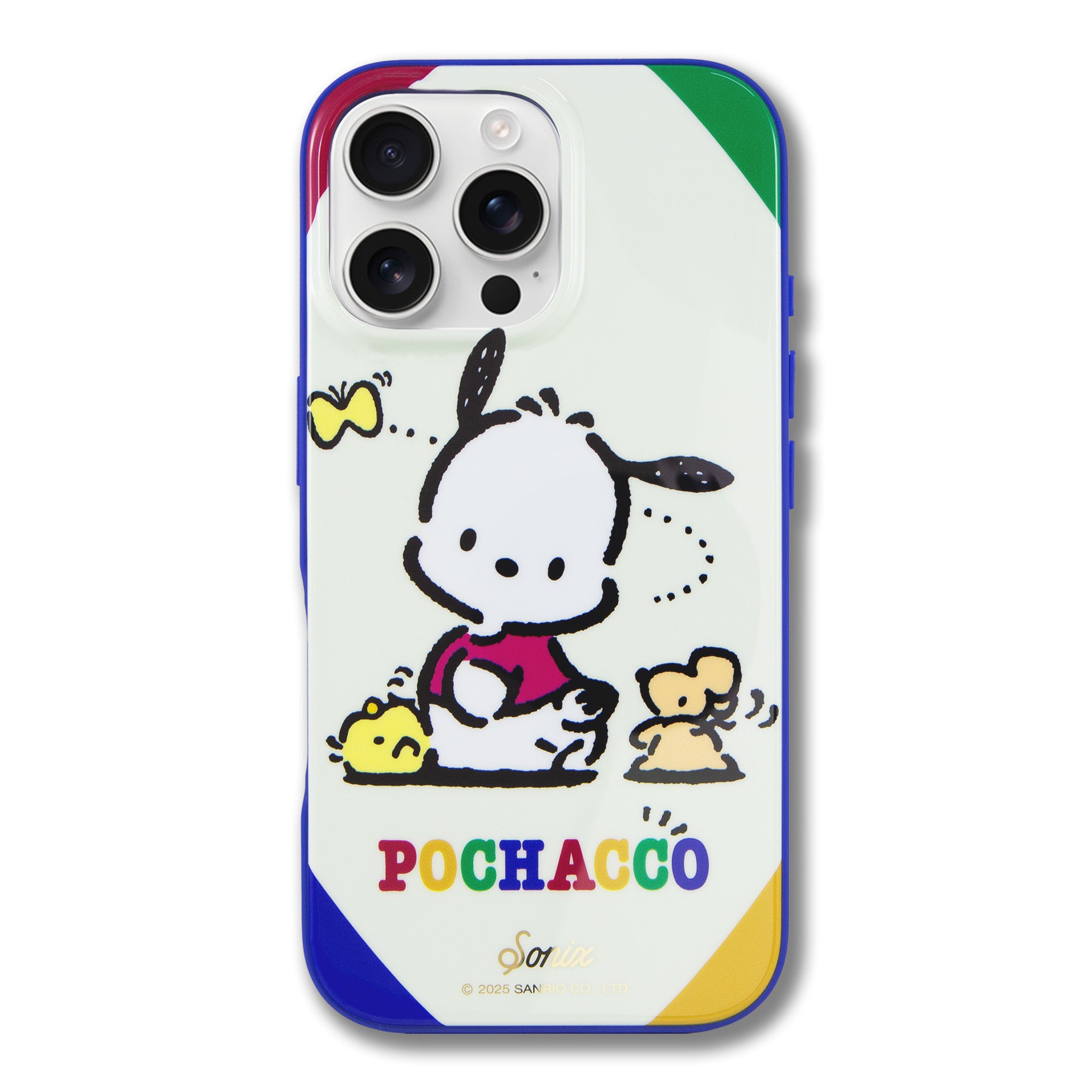 Pochacco iPhone 15 Pro Max case displayed at an angle, showcasing MagSafe compatibility.