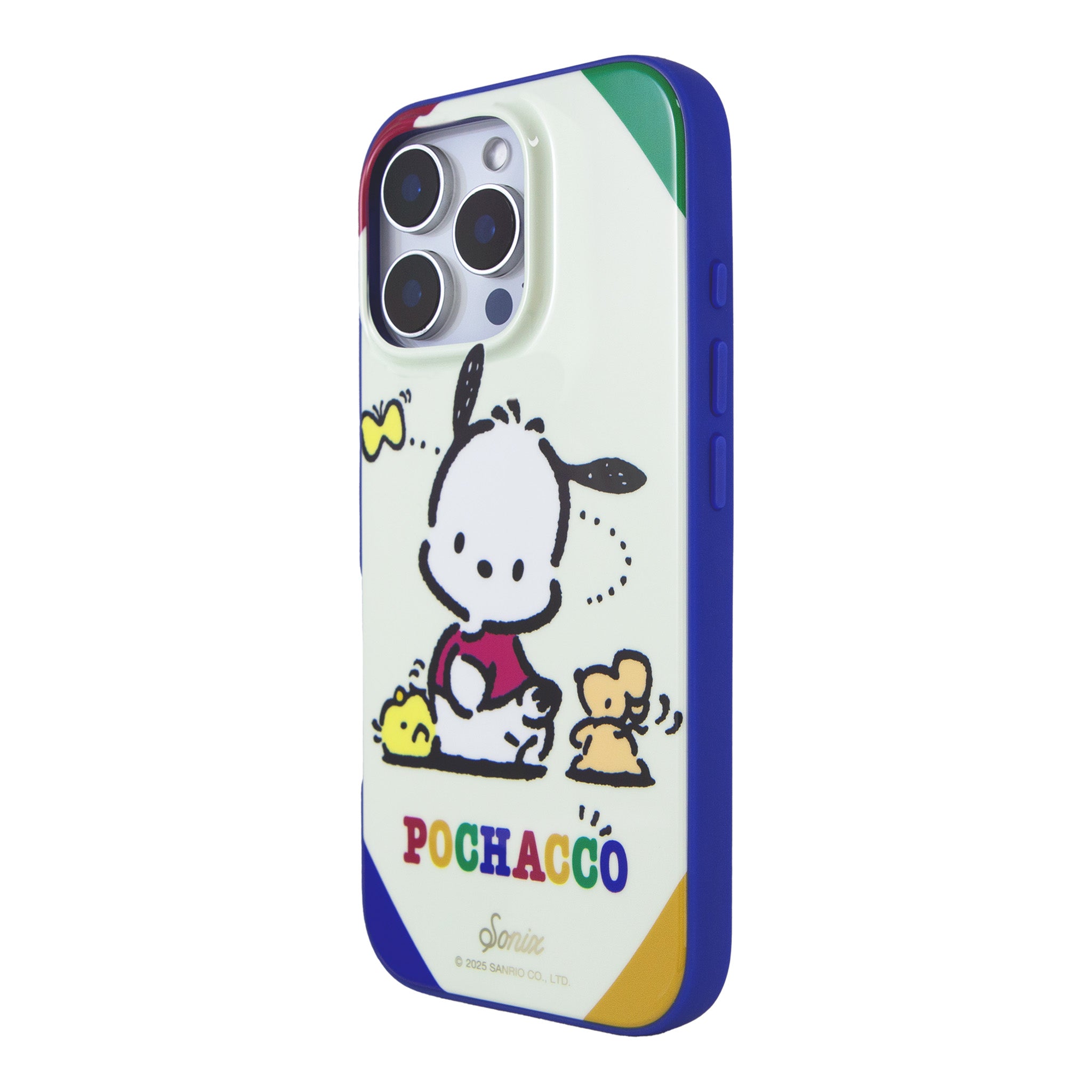 Pochacco iPhone 15 Pro Max case displayed at an angle, showcasing MagSafe compatibility.