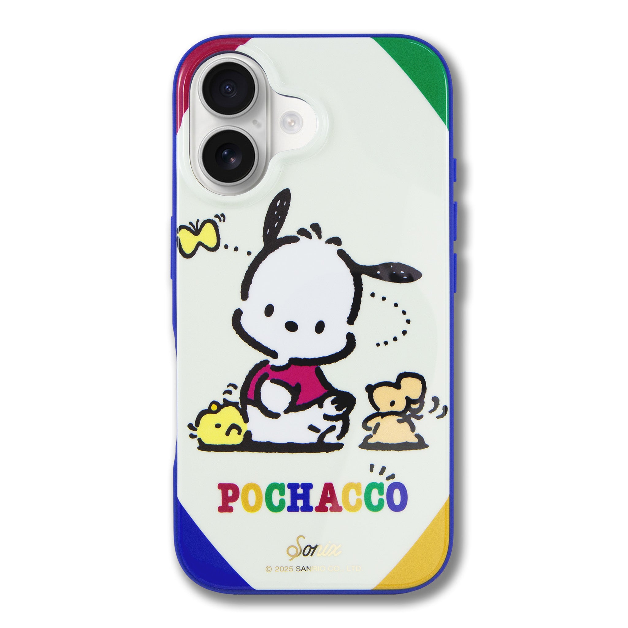 Pochacco iPhone 15 Pro Max case displayed at an angle, showcasing MagSafe compatibility.