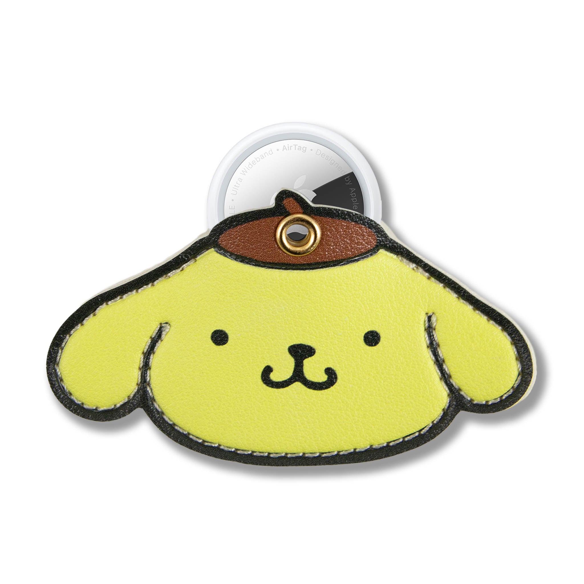AirTag secured inside the stylish Pompompurin leather keychain on a travel bag