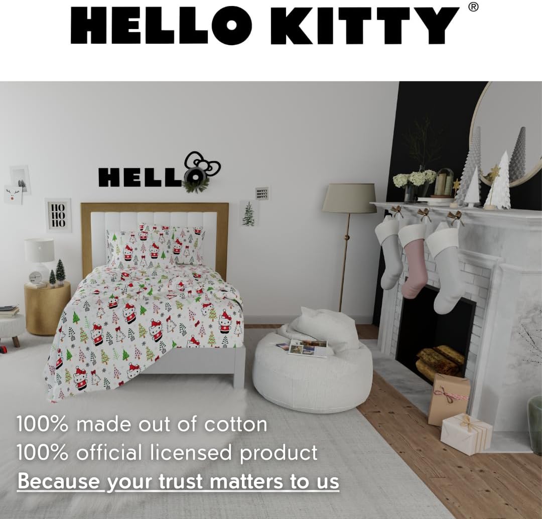 Hello Kitty Christmas flannel sheet set displayed on a cozy bed for the holidays.
