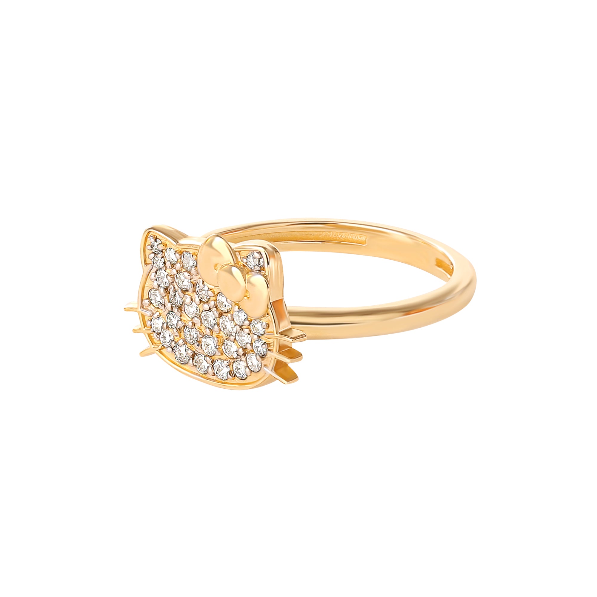 Yellow gold Hello Kitty pavé diamond ring on hand, showcasing its playful design