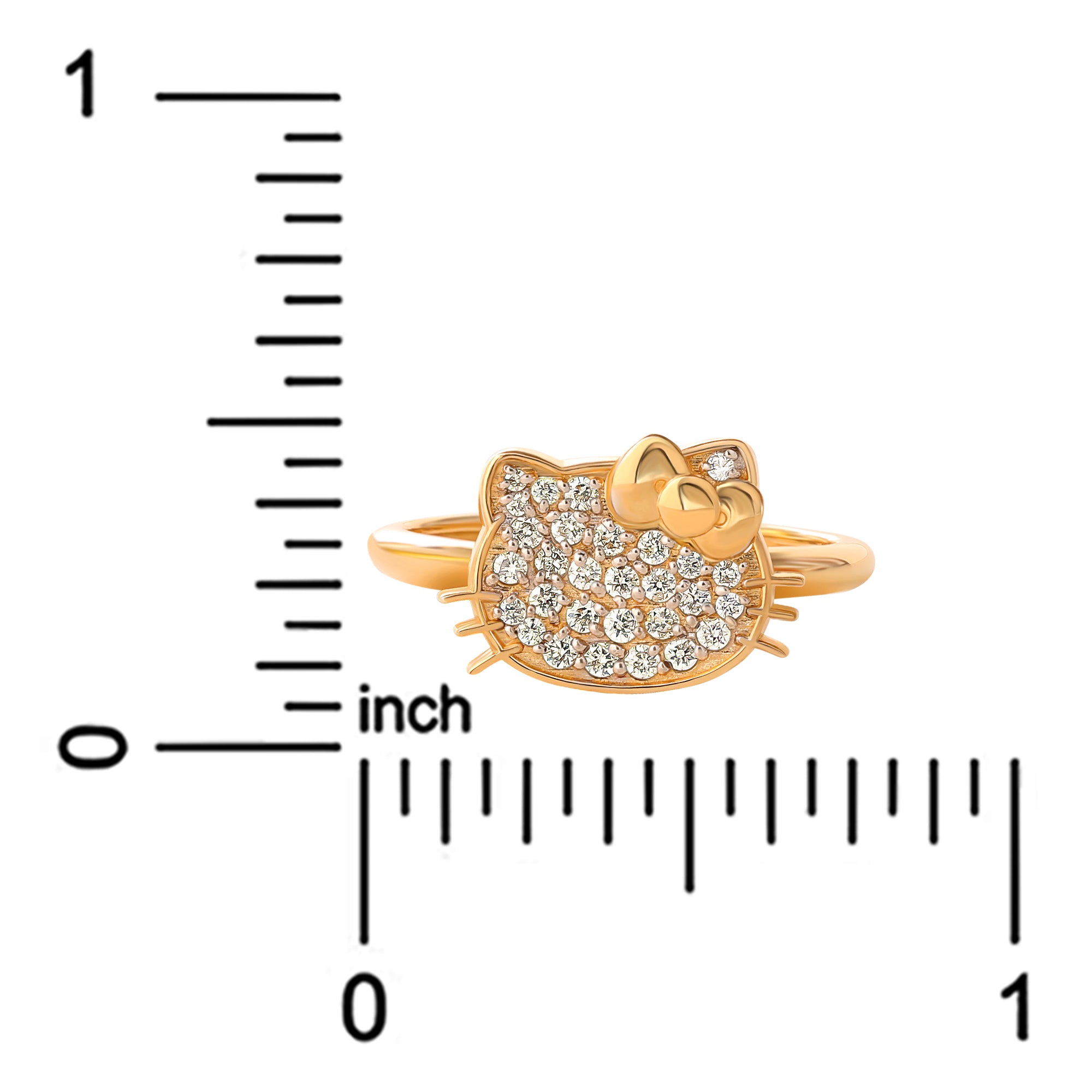 Detailed shot of the pavé diamonds and Hello Kitty face on the gold band