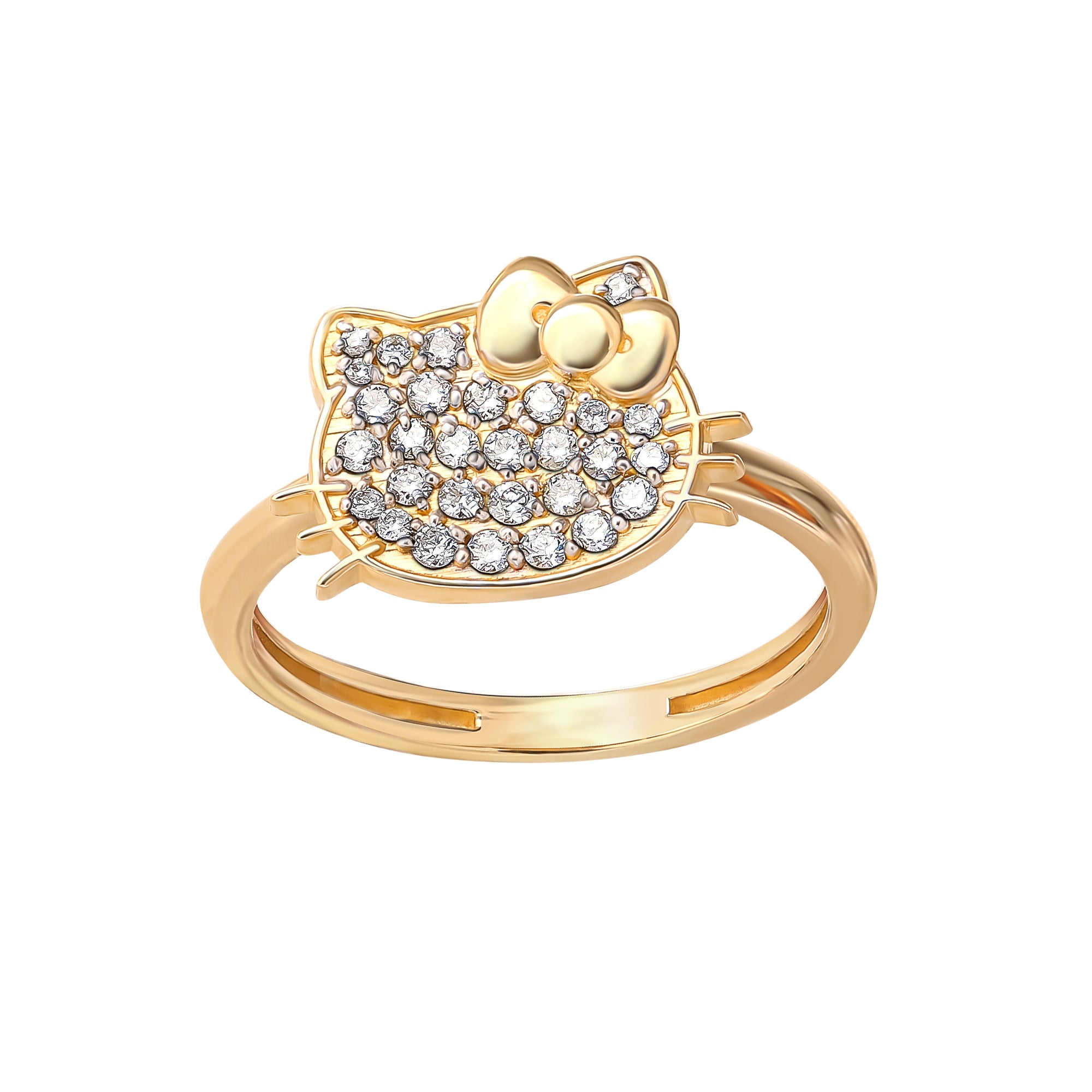 Yellow gold Hello Kitty pavé diamond ring on hand, showcasing its playful design