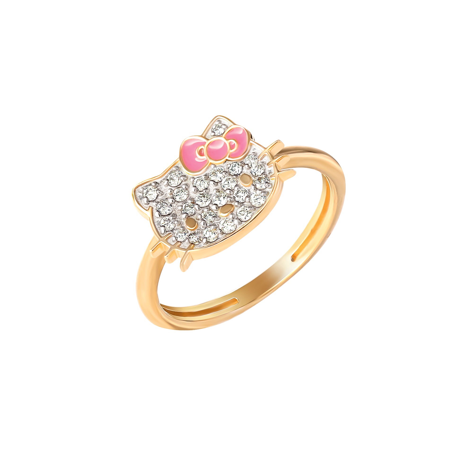Close-up of Hello Kitty pavé diamond ring showing sparkling diamonds and pink bow