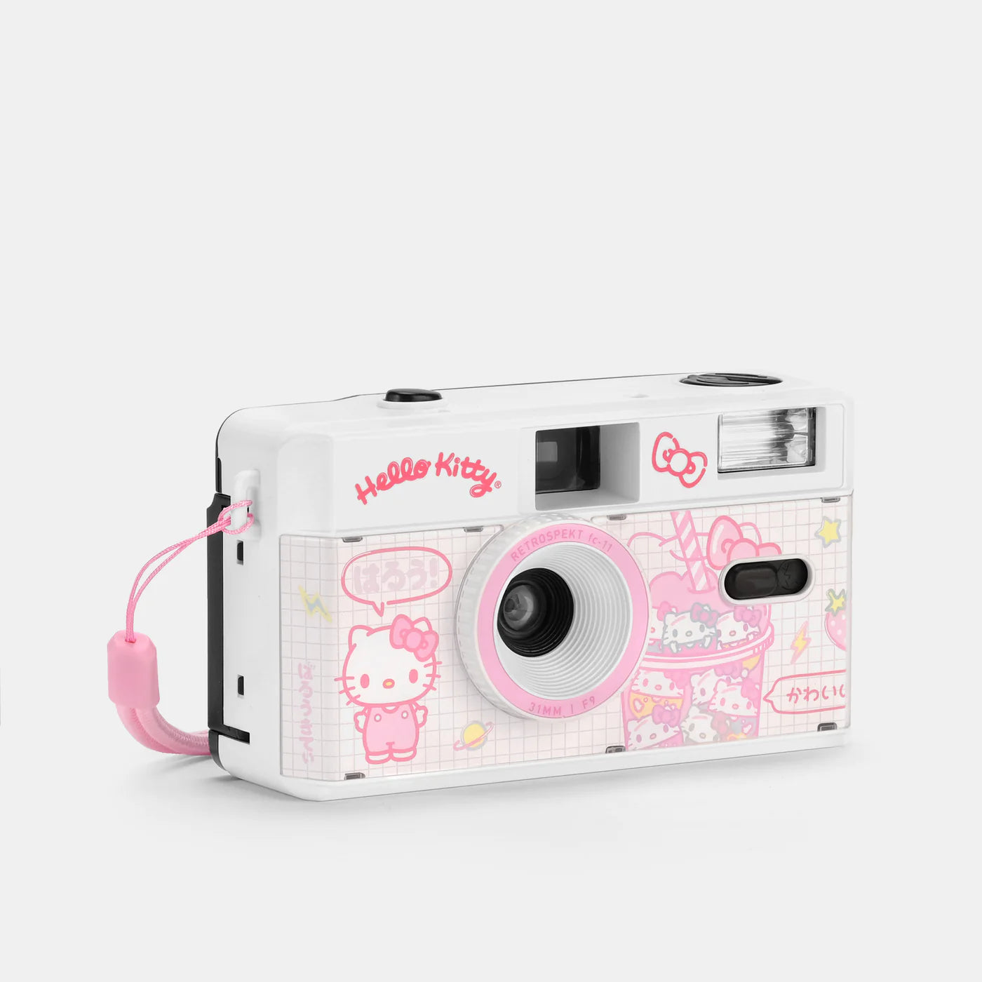 Front view of Hello Kitty Strawberry Shake camera showcasing fixed-focus lens