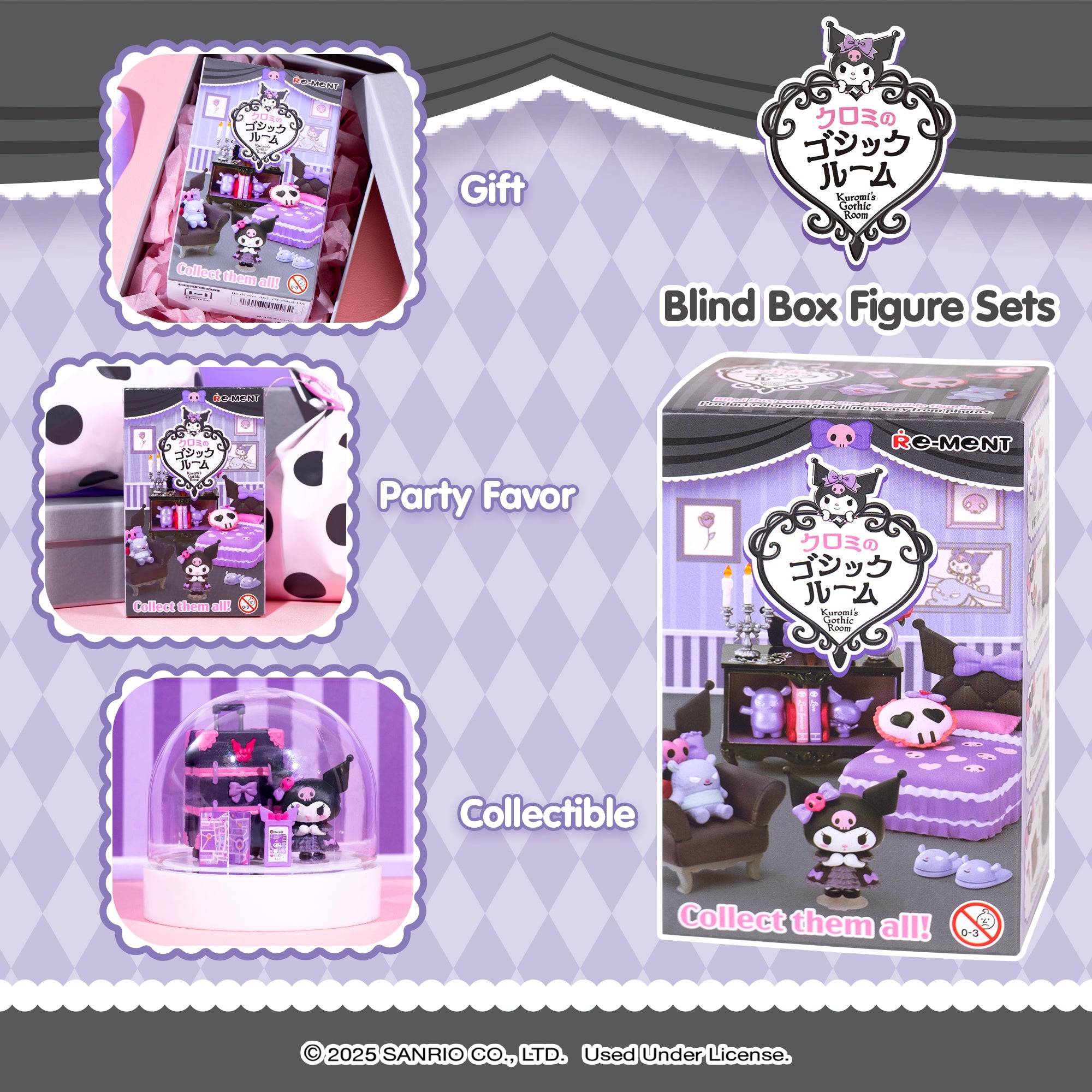 Kuromi figure with accessories like a diary and cosmetic items