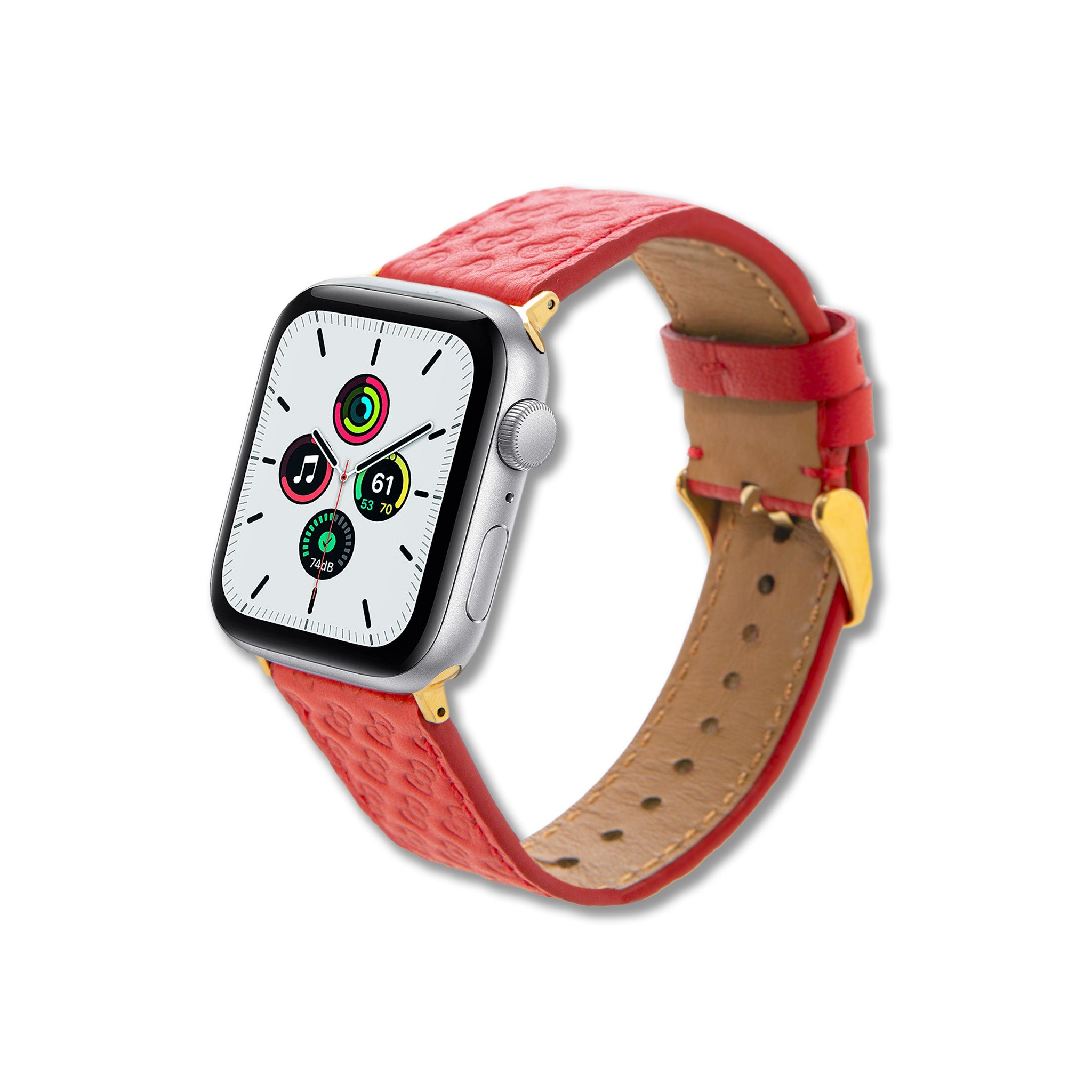 Close-up of Hello Kitty leather watch band featuring embossed red bow.