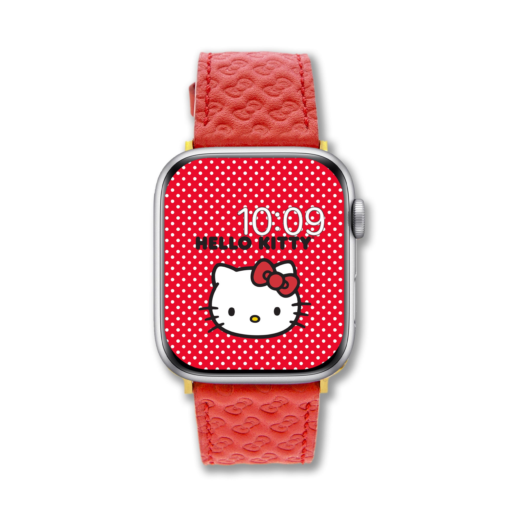 Model wearing Hello Kitty leather watch band on a casual outfit.