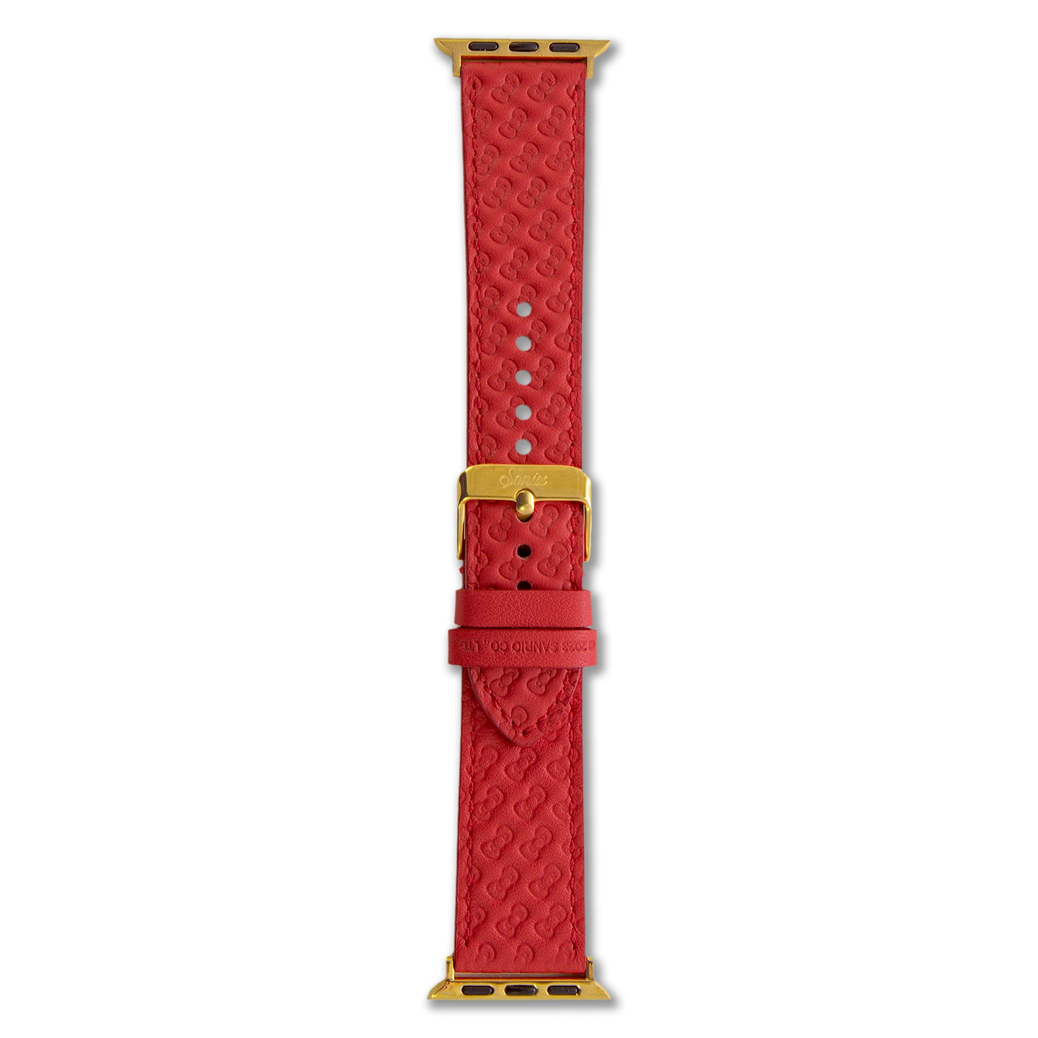Close-up of Hello Kitty leather watch band featuring embossed red bow.