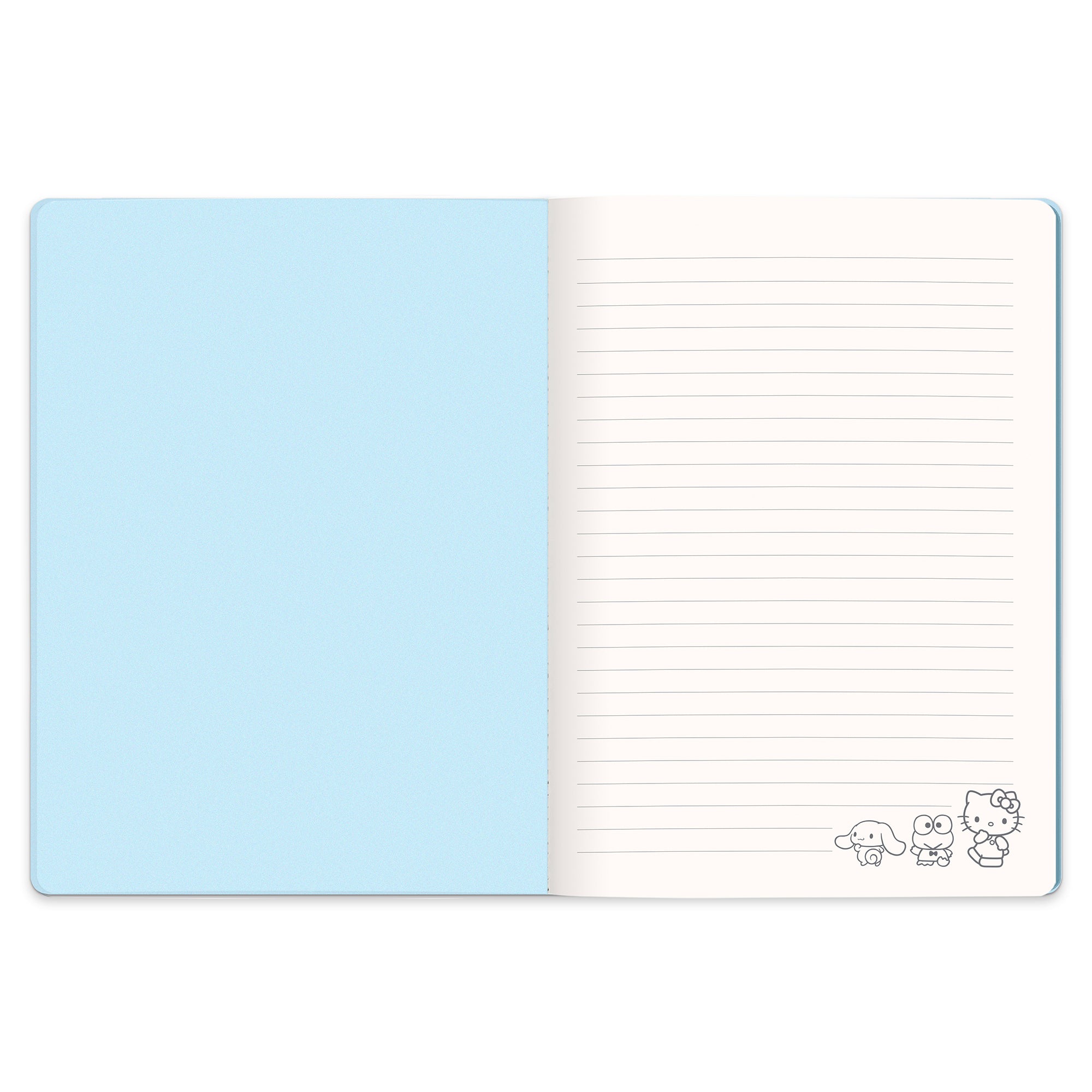 Front view of Hello Kitty notebook with pink pinstripe design and Sanrio characters.