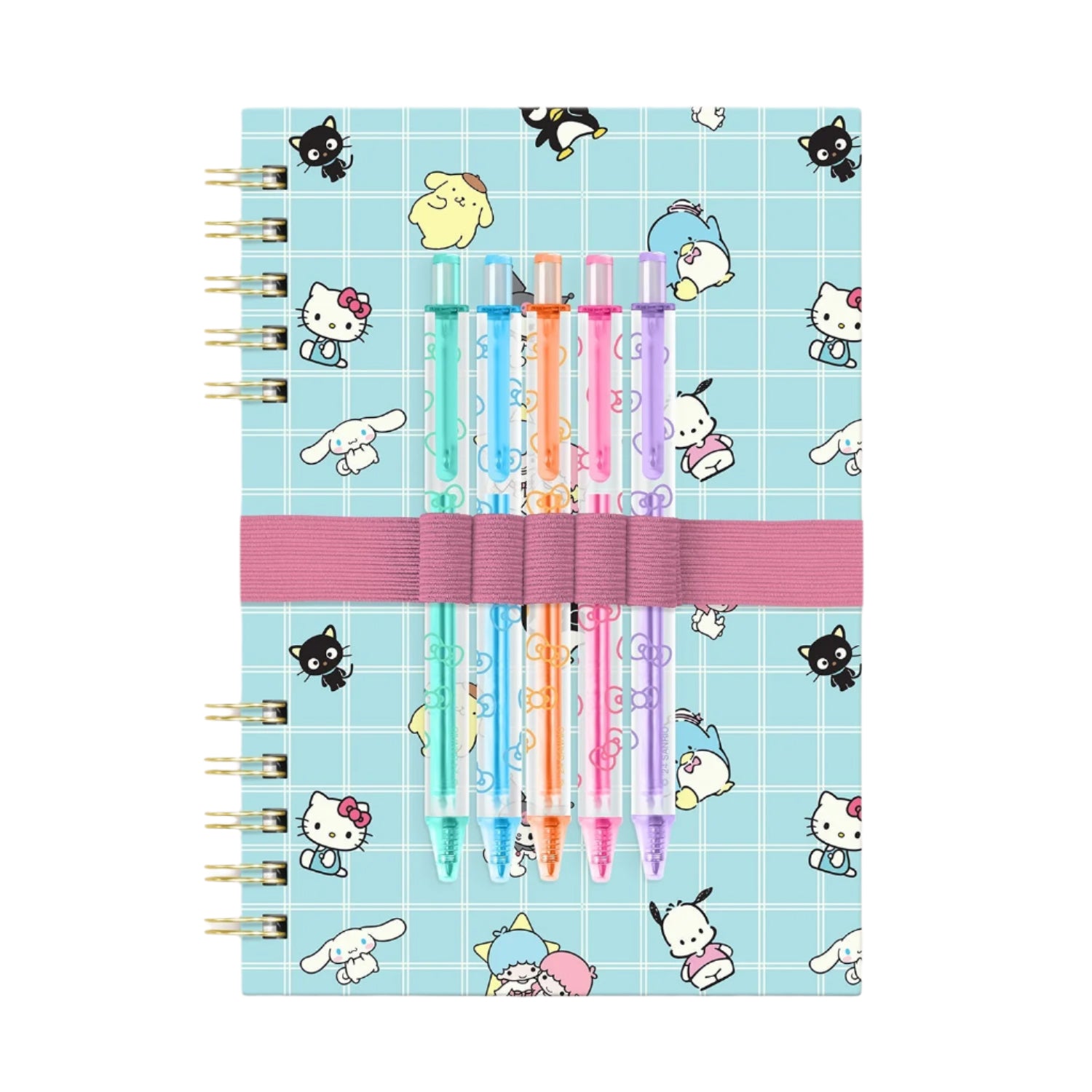 Hello Kitty Blue Grid Notebook & Pen Set on a desk with pens and papers around it