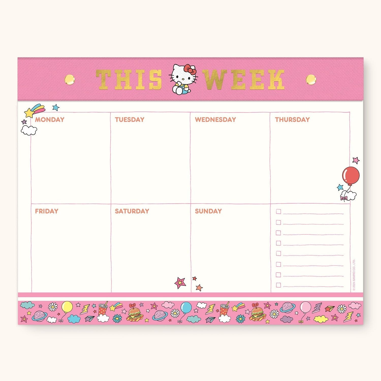 Hello Kitty desk pad with vibrant weekly pages and reminder stickers.
