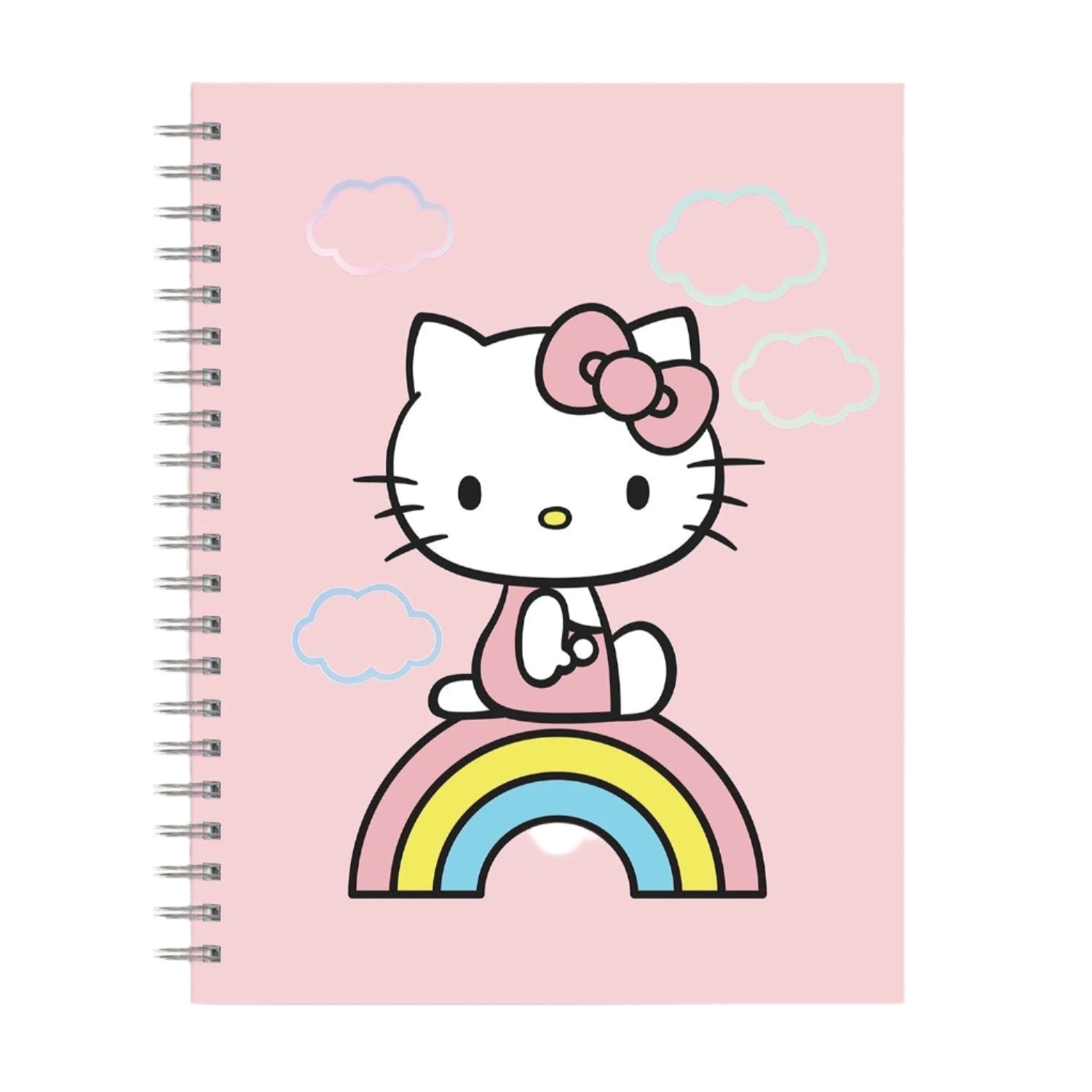 Front view of top spiral notebook with Hello Kitty foil cover, placed on a desk
