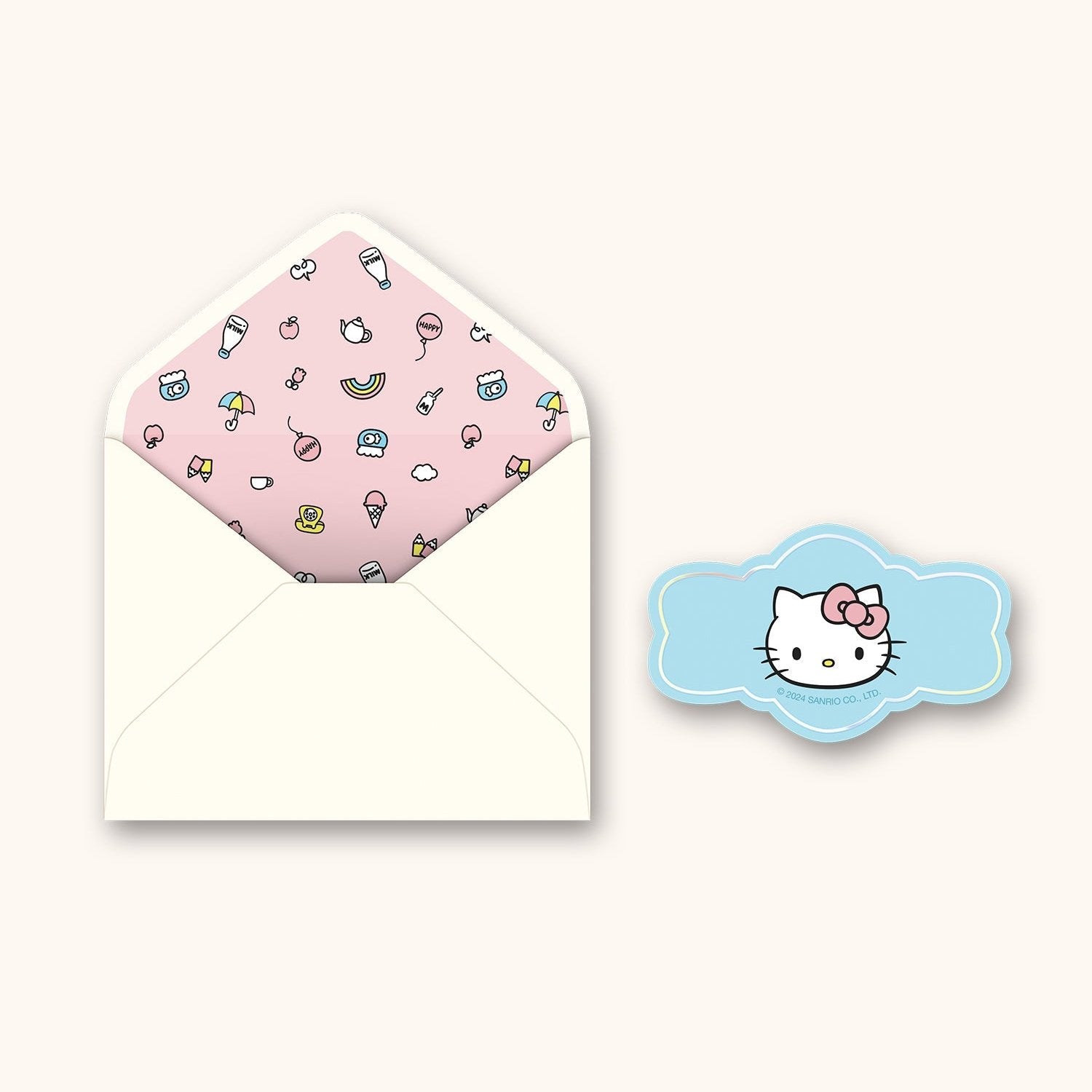 Greeting card set with envelope and decorative seal on a gift table