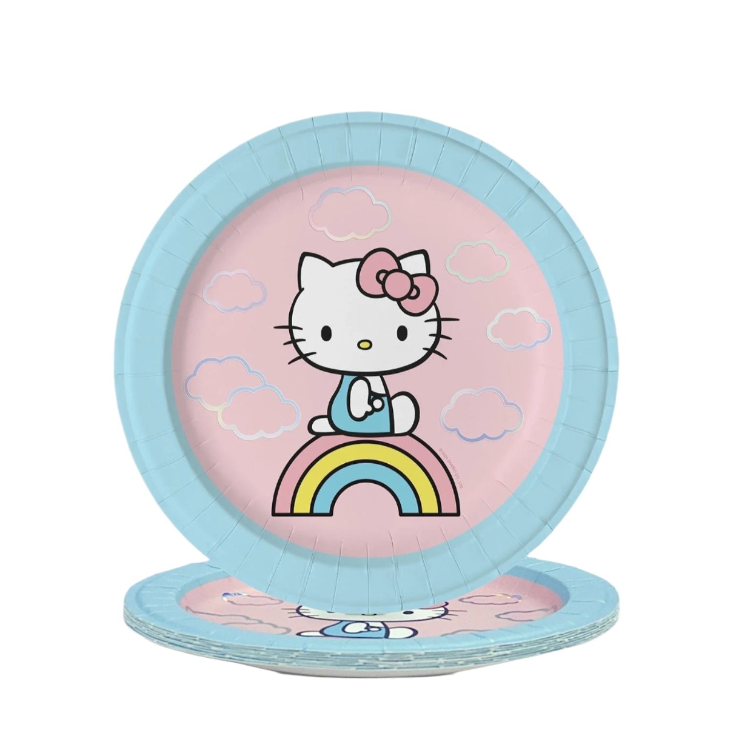 Hello Kitty Rainbow Skies luncheon plates stacked for party use