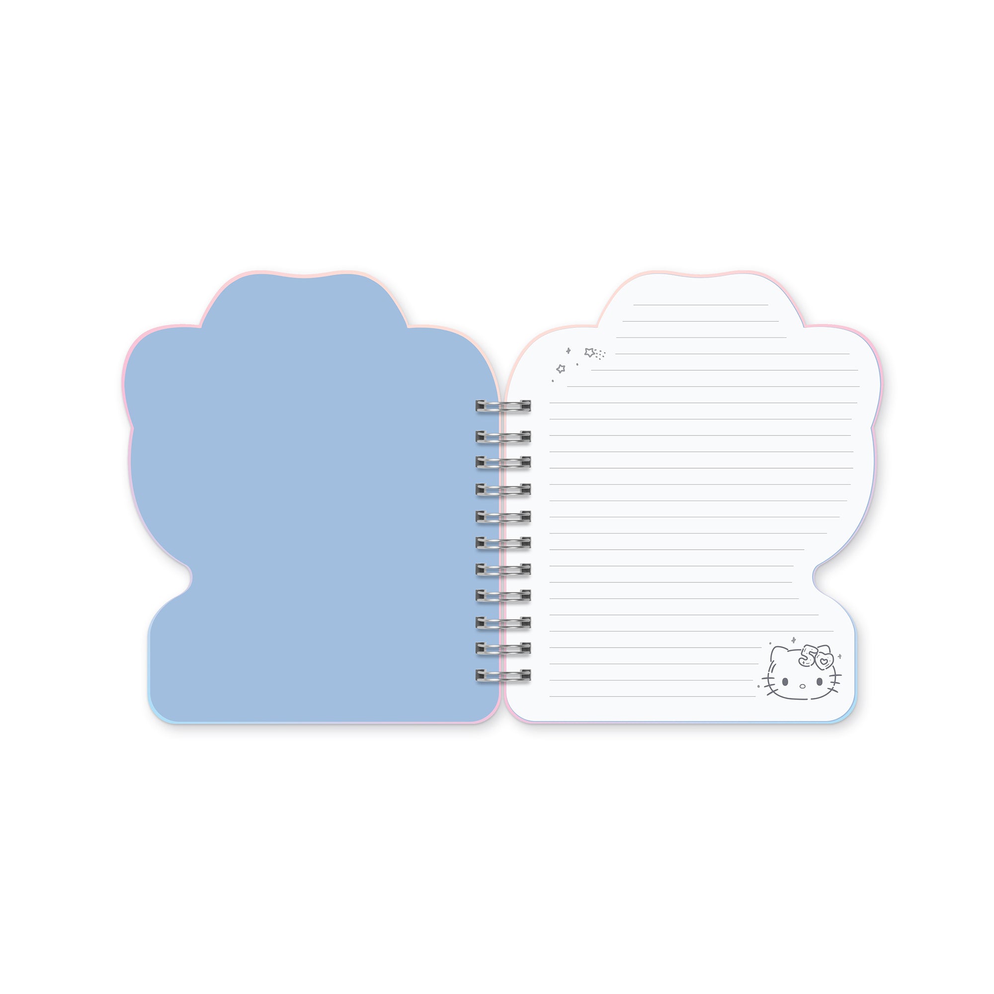 Spiral bound notebook lying flat, displaying wire-o binding and lined pages.
