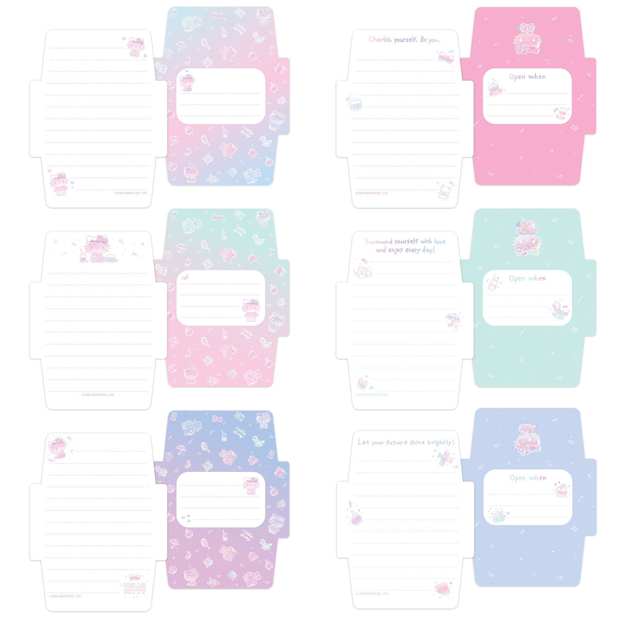 Hello Kitty note card featuring birthday design, folded and sealed with sticker