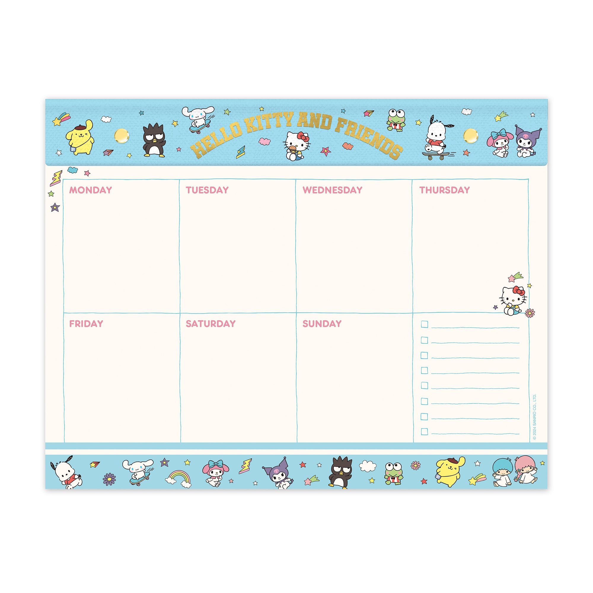Top-down view of the Hello Kitty desk pad with weekly planner layout and stickers