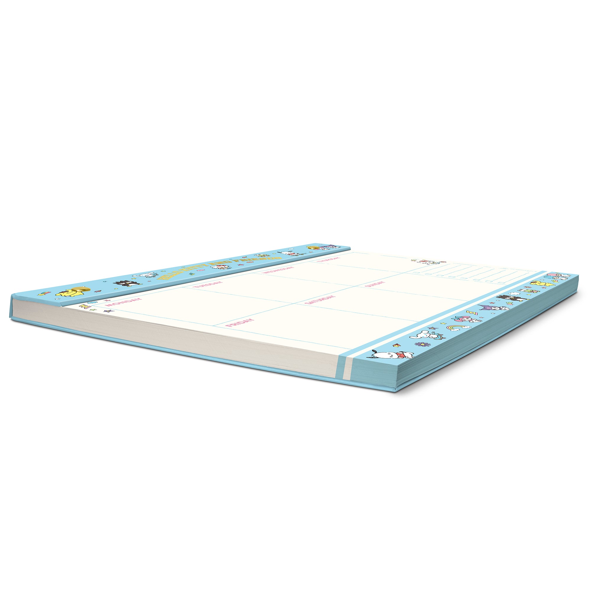 Top-down view of the Hello Kitty desk pad with weekly planner layout and stickers