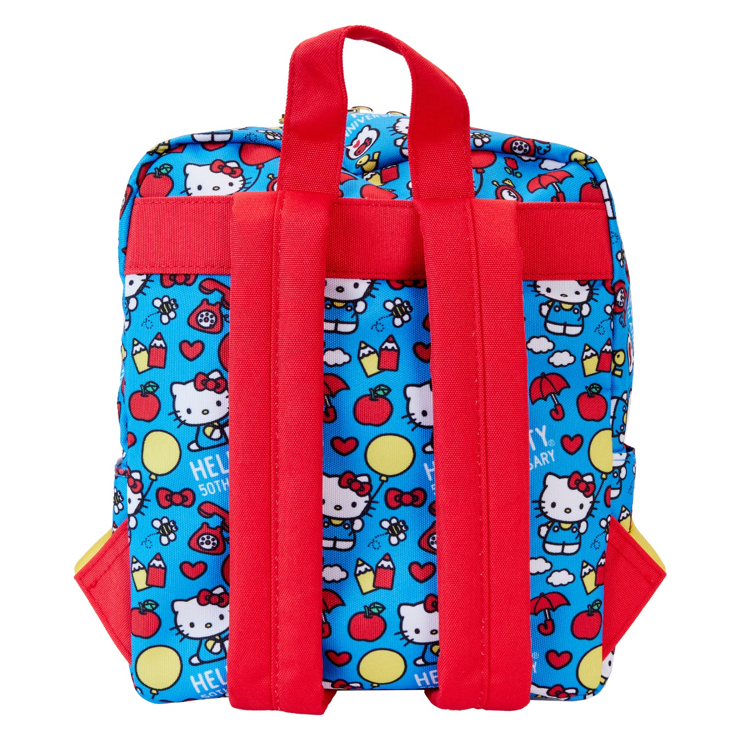 Hello Kitty Loungefly mini backpack back view, featuring the coordinating internal lining and Loungefly branding.