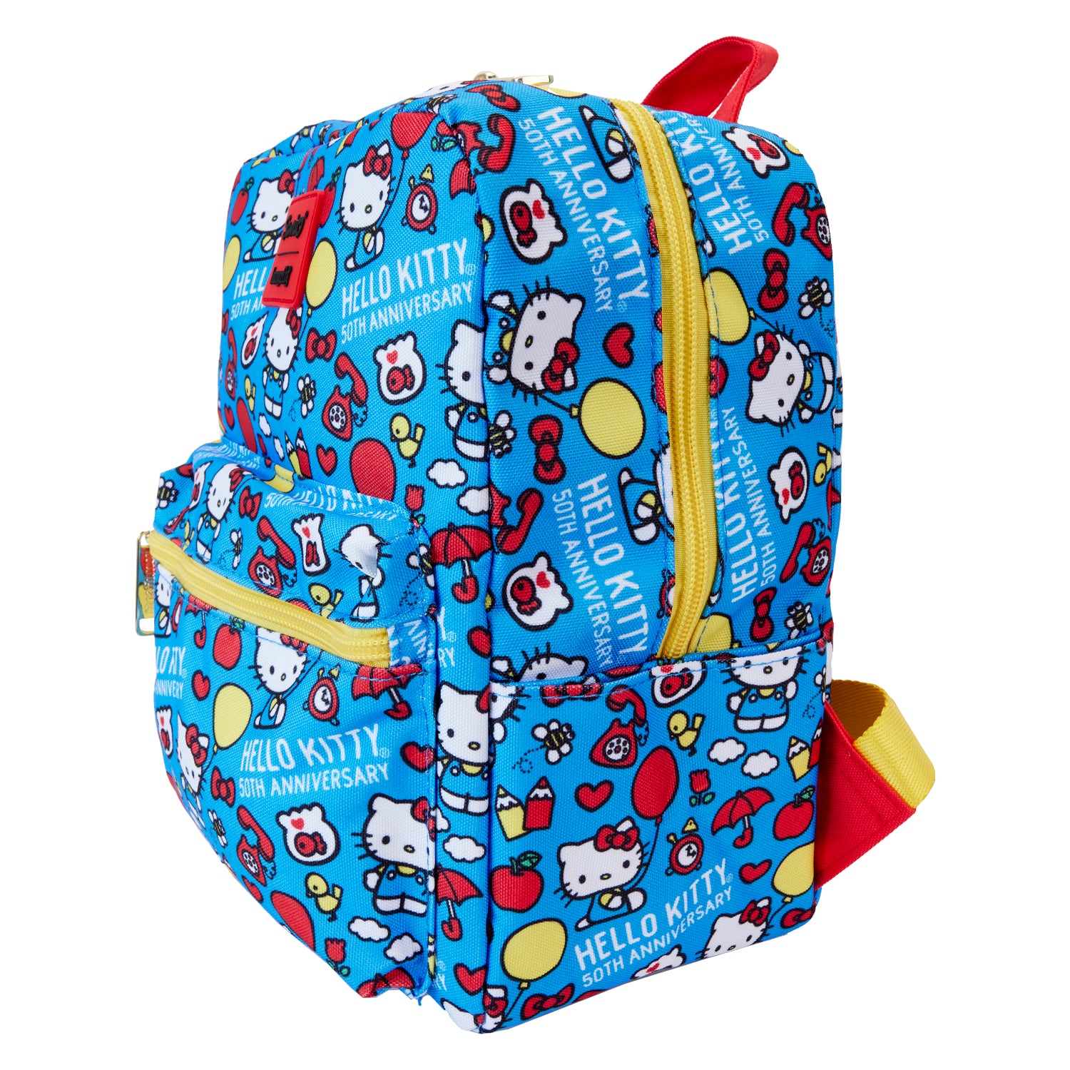 Hello Kitty Loungefly mini backpack front view, showcasing the all-over-print design and yellow trim.