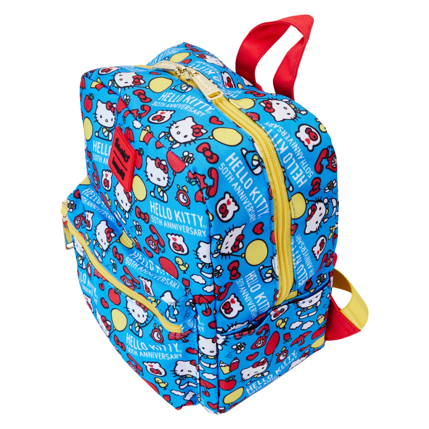 Hello Kitty Loungefly mini backpack back view, featuring the coordinating internal lining and Loungefly branding.