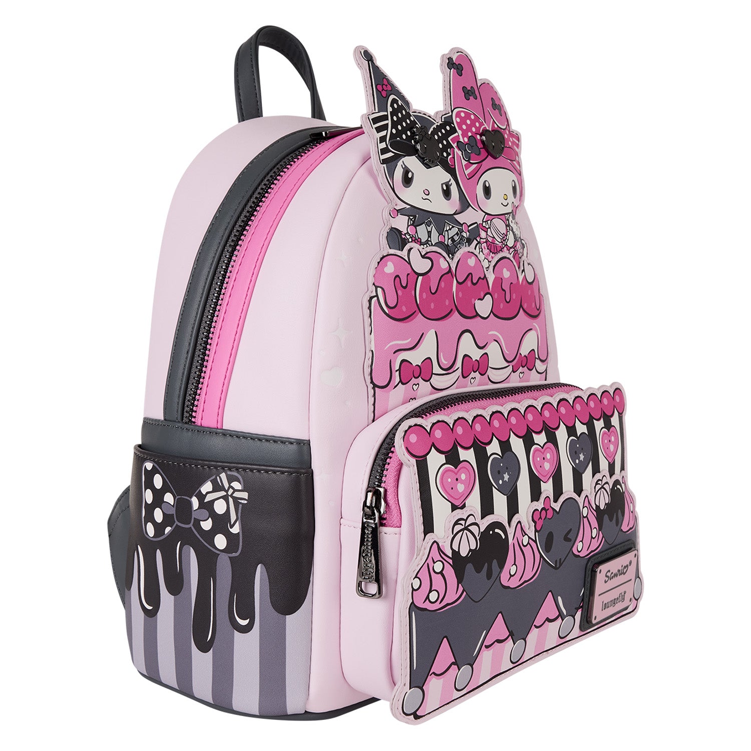 Close-up of the pink and black bows on the mini backpack.