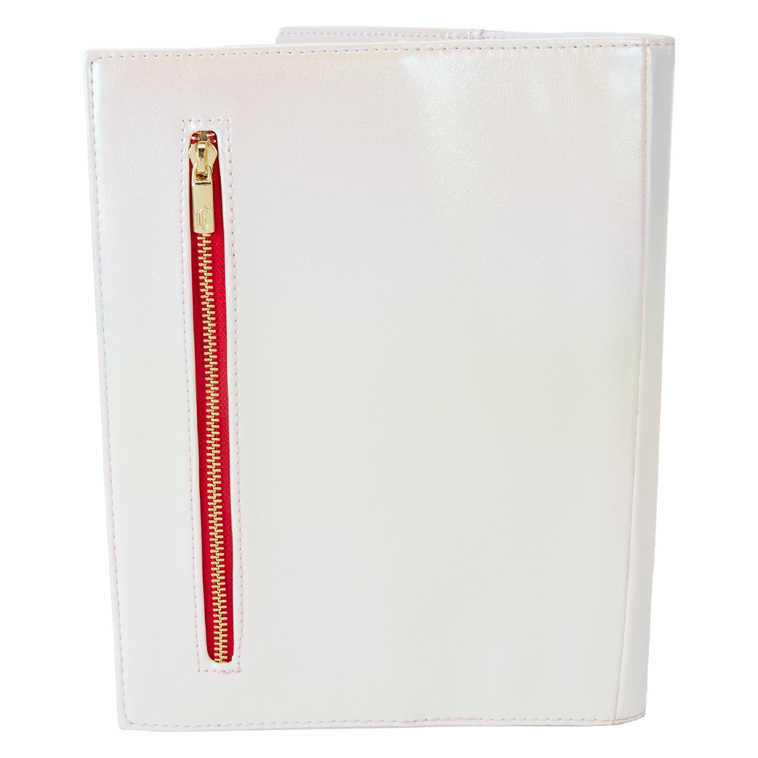 Close-up of Hello Kitty 50th Anniversary Loungefly journal showing pearlescent bow and gold hardware