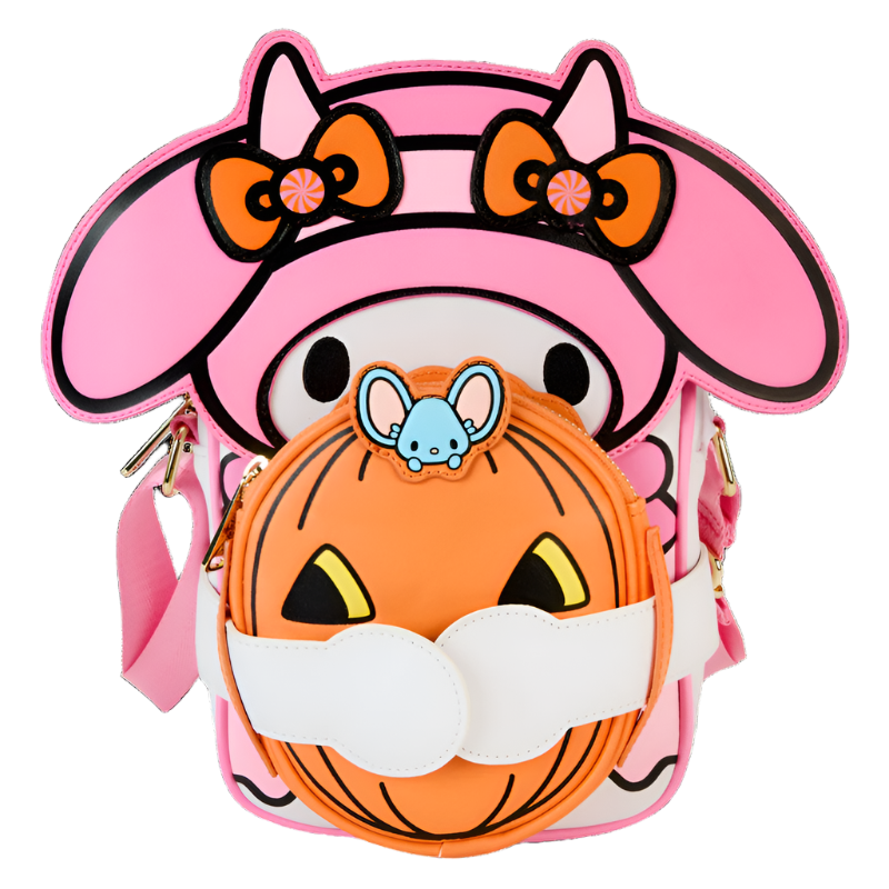 Front view of My Melody bag with devil horns and embroidered bows