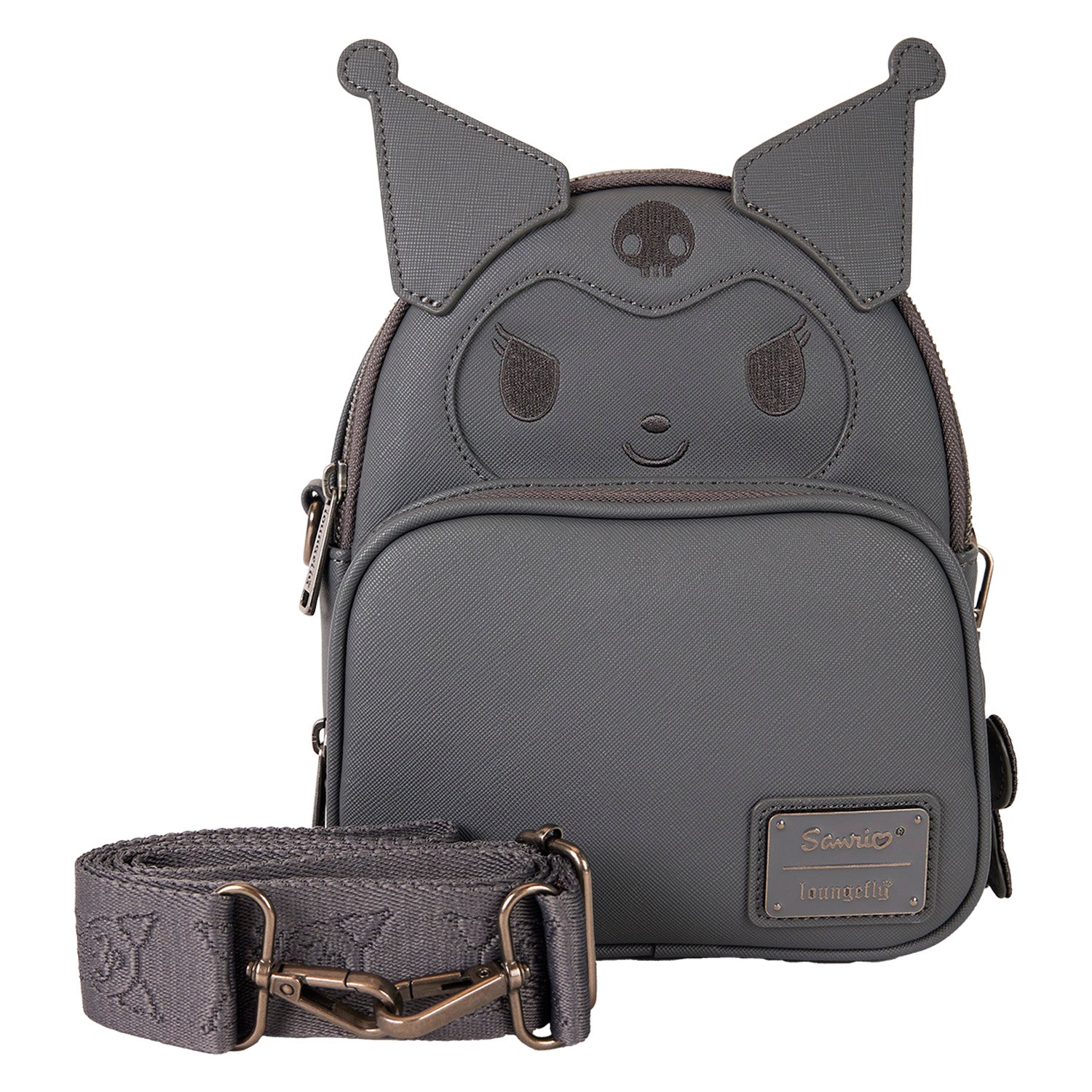 Kuromi Loungefly mini backpack worn as a crossbody, showcasing front embroidery and charm.
