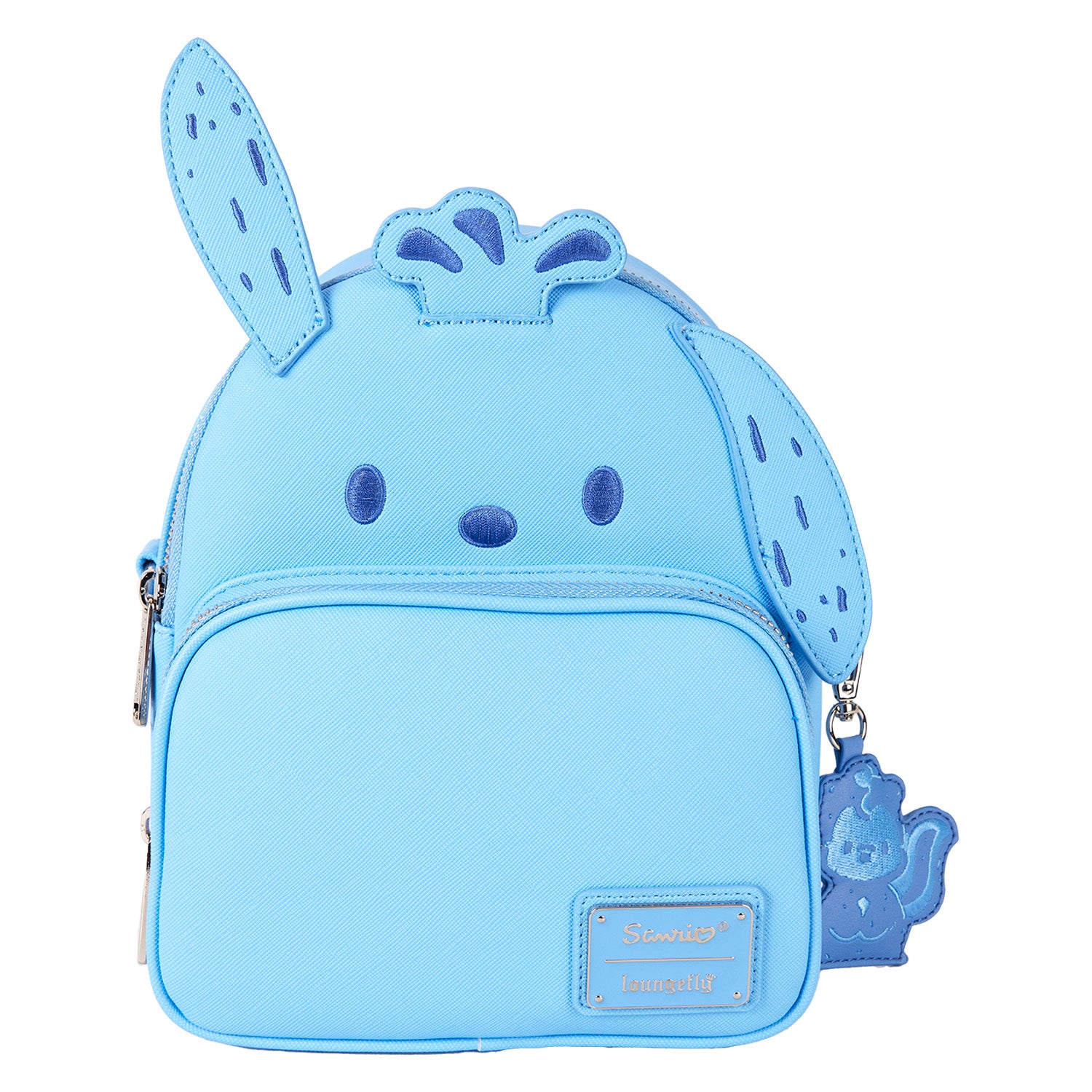 Front view of Pochacco x Loungefly convertible mini backpack highlighting faux leather texture and appliques