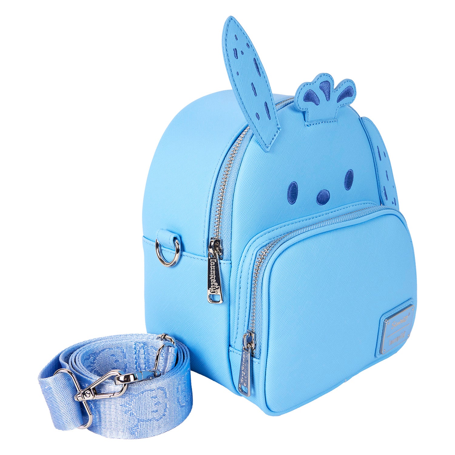 Front view of the Pochacco Disney backpack showing its convertible straps and charm details