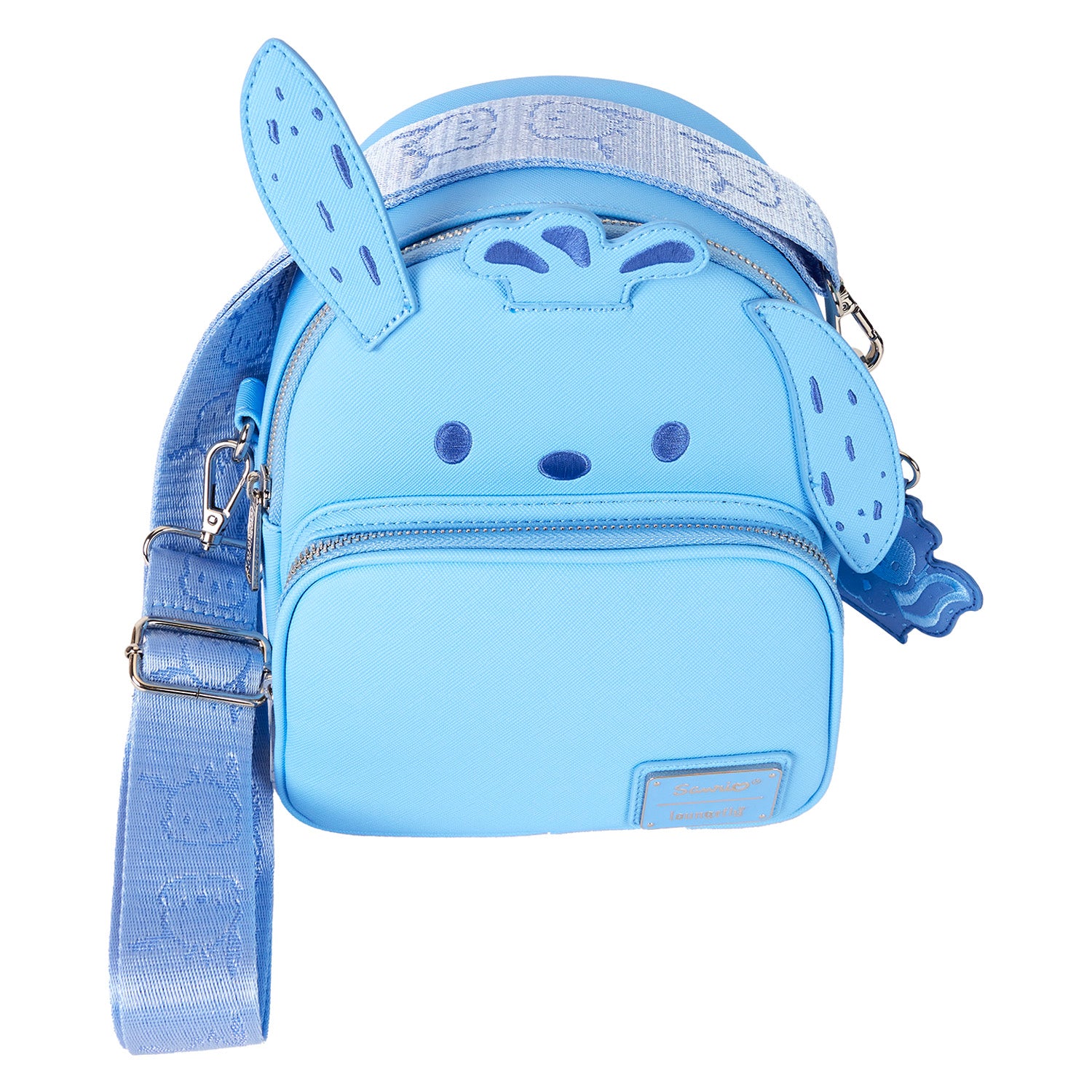 Close-up of mini backpack purse texture and embroidered Pochacco ears for Florida outings