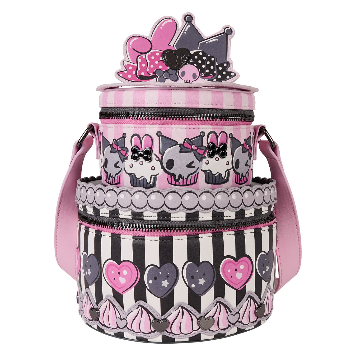 Front view of Kuromi & My Melody cake crossbody bag with frosting and bow details