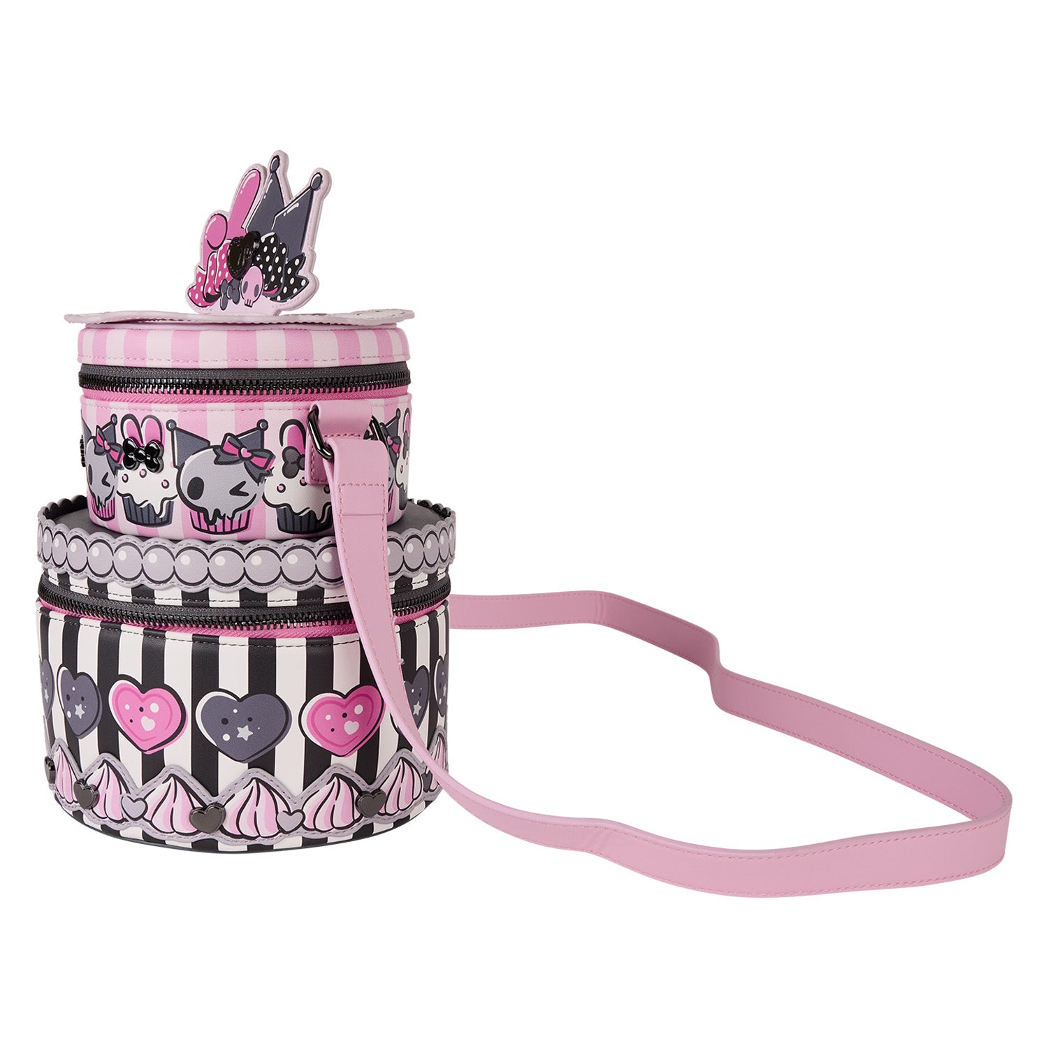 Side angle of Loungefly figural bag featuring cake shape and character accents