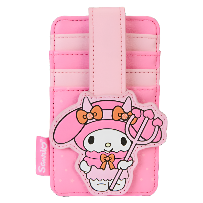 My Melody x Loungefly Pumpkin Card Holder front view, showcasing the appliqué snap of My Melody as a devil.