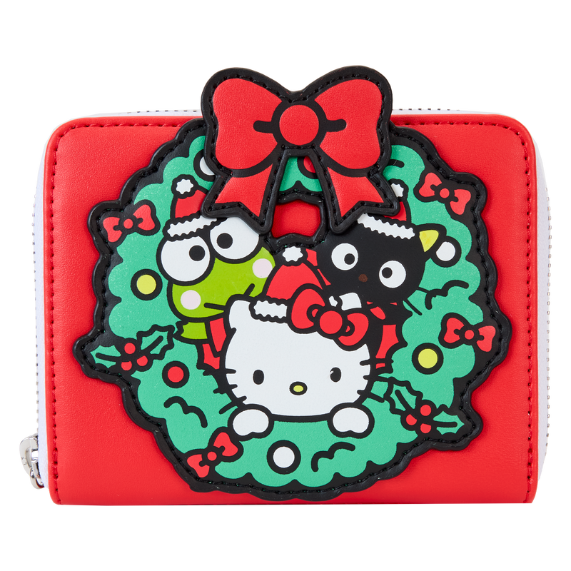 Hello Kitty Winter Wonderland zip wallet with festive holiday designs and silver hardware