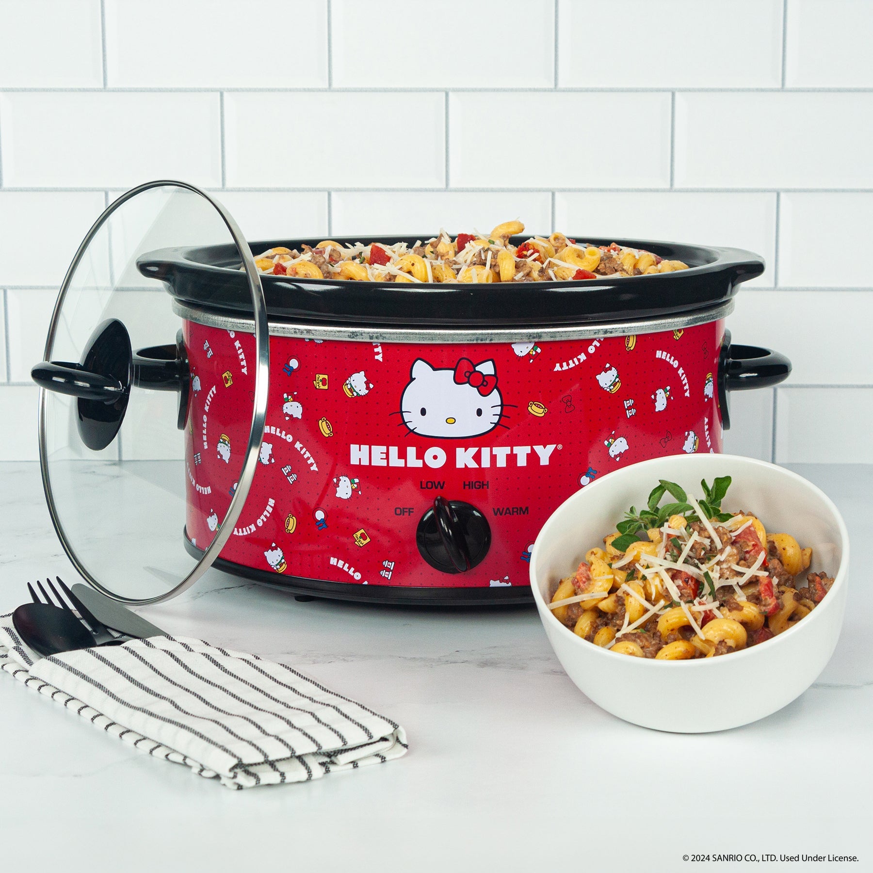 Hello Kitty 5 quart slow cooker with vibrant kitchen design seen from the top.