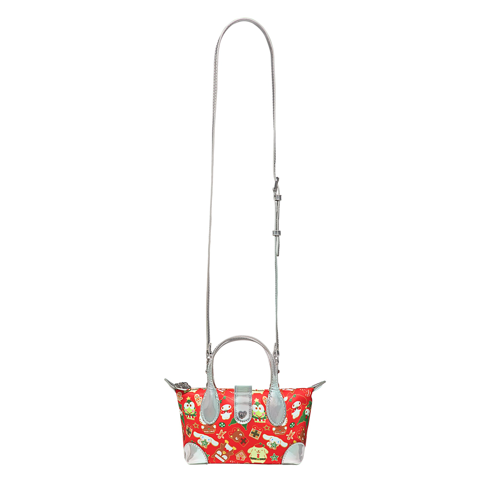 Close-up of the hello kitty makeup bag showing silver accents and zipper detail