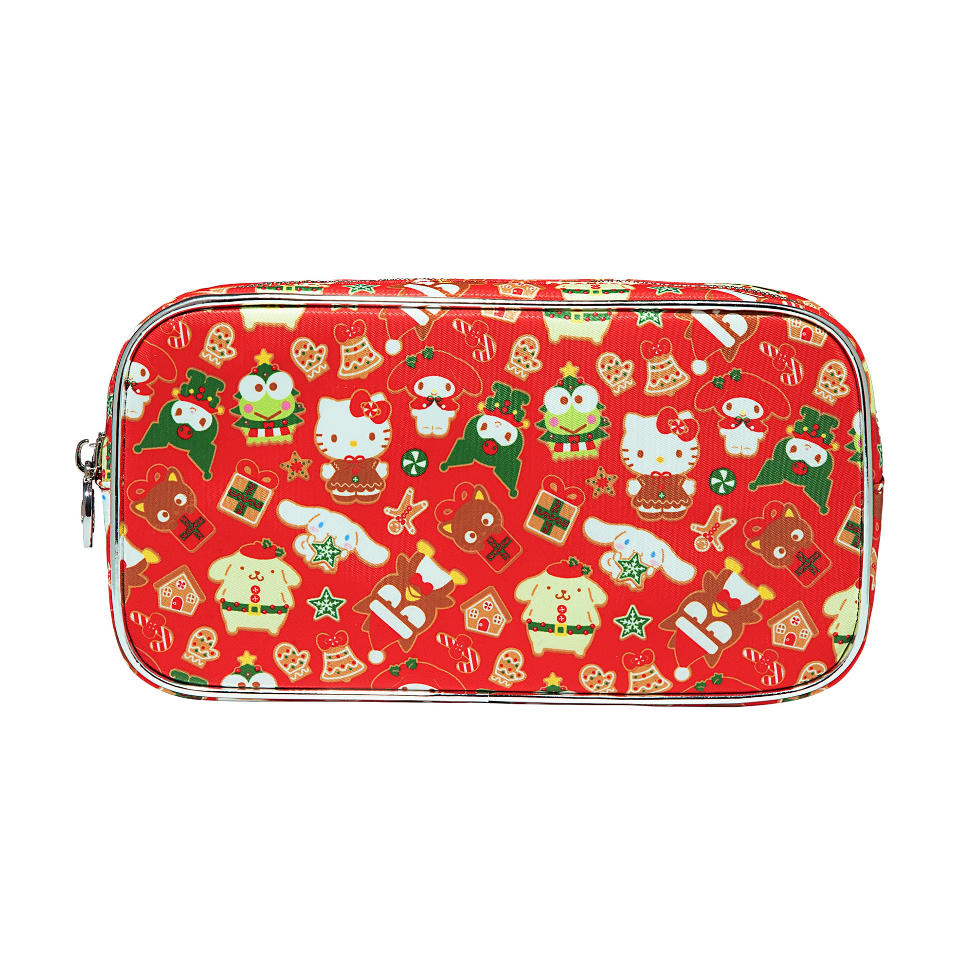 Front view of Hello Kitty pouch with holiday-themed design, ideal for makeup storage