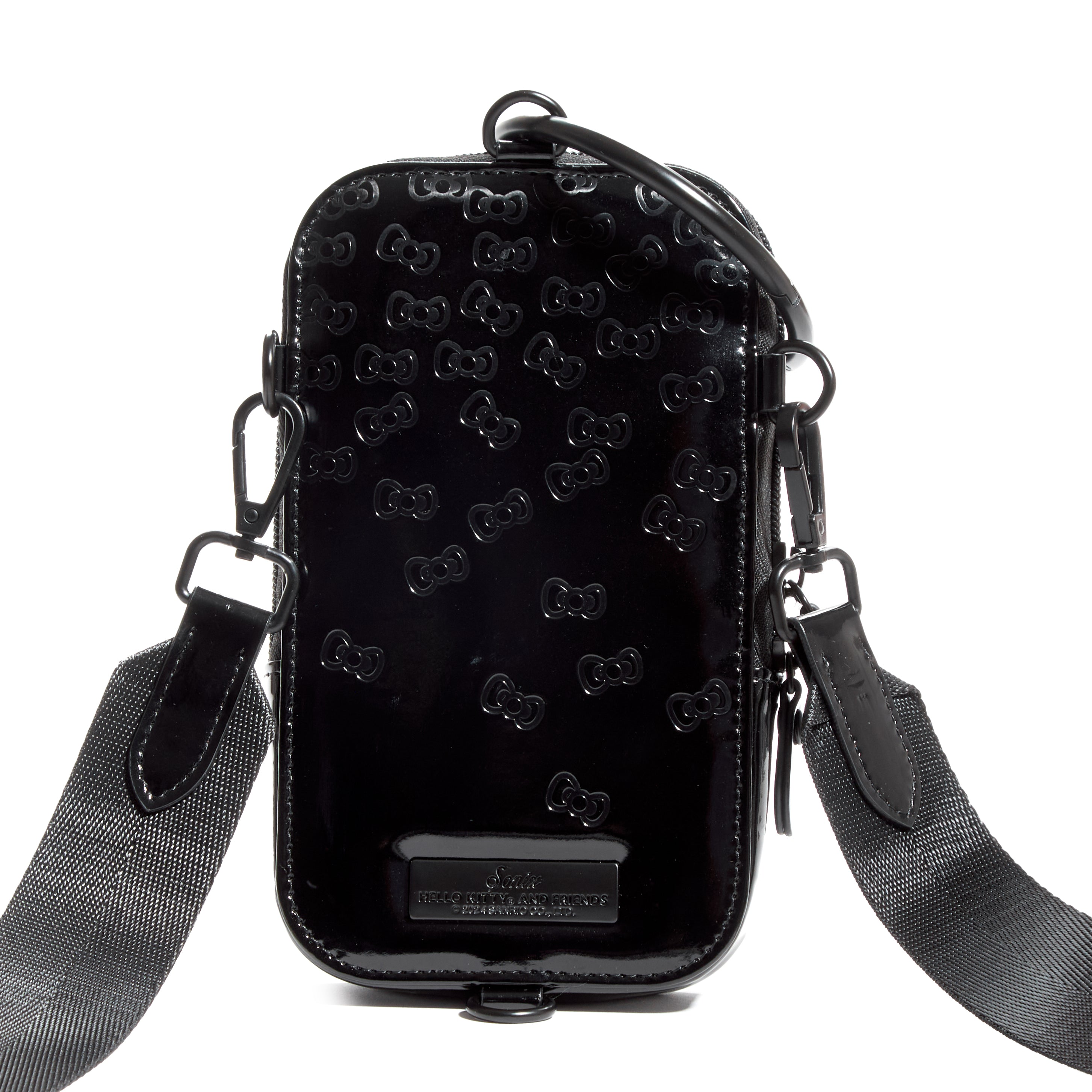 Hello Kitty x Sonix black phone wallet case with embossed bow design and adjustable strap