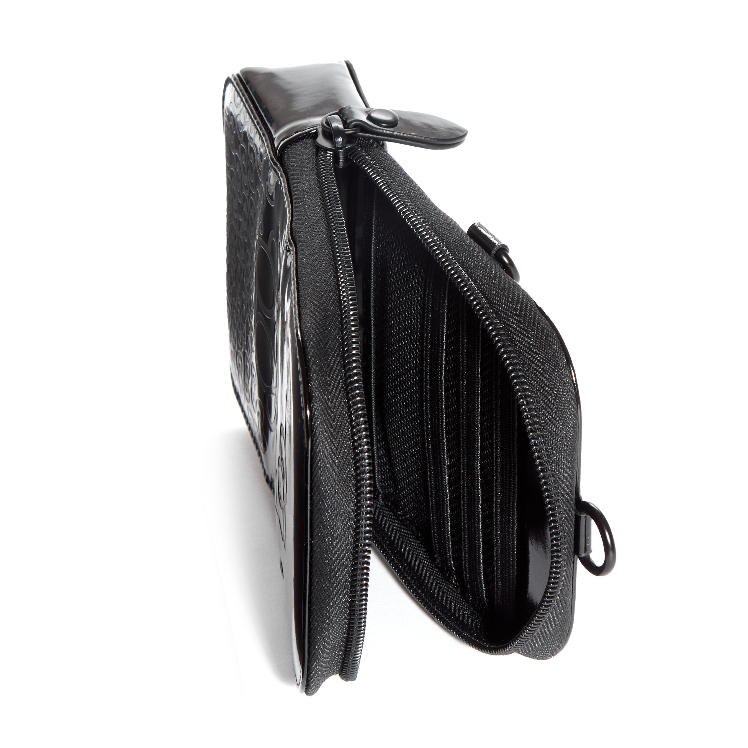 Inside view of the black vegan patent leather phone case with card slots and mesh pockets