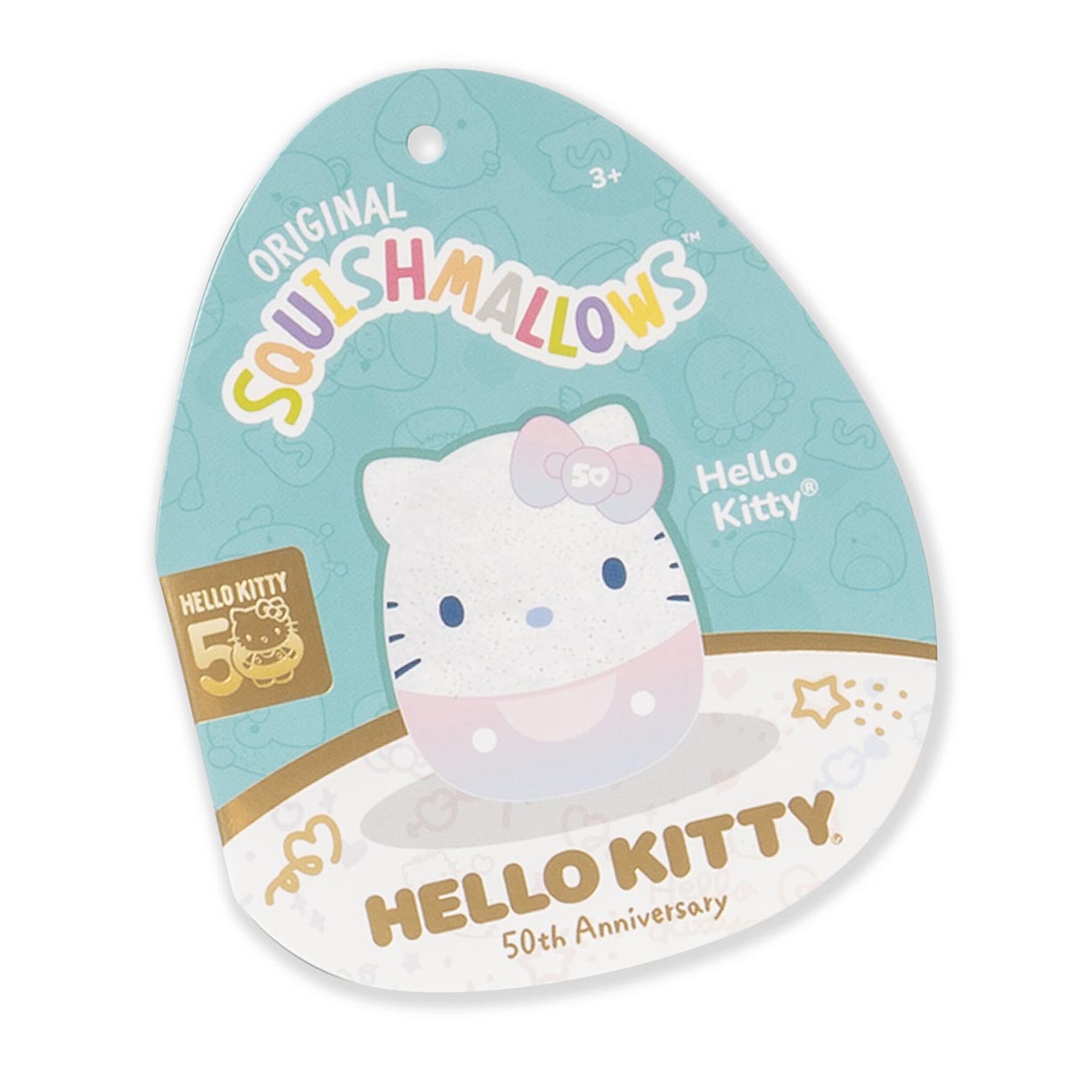 Hello Kitty 50th Anniversary Squishmallows displayed on a cozy bed with other Sanrio merch