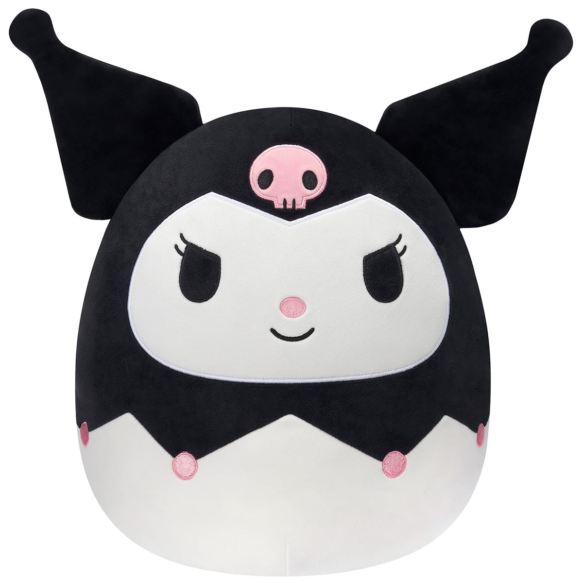 Close-up of Kuromi Squishmallows plush showing embroidered Sanrio details