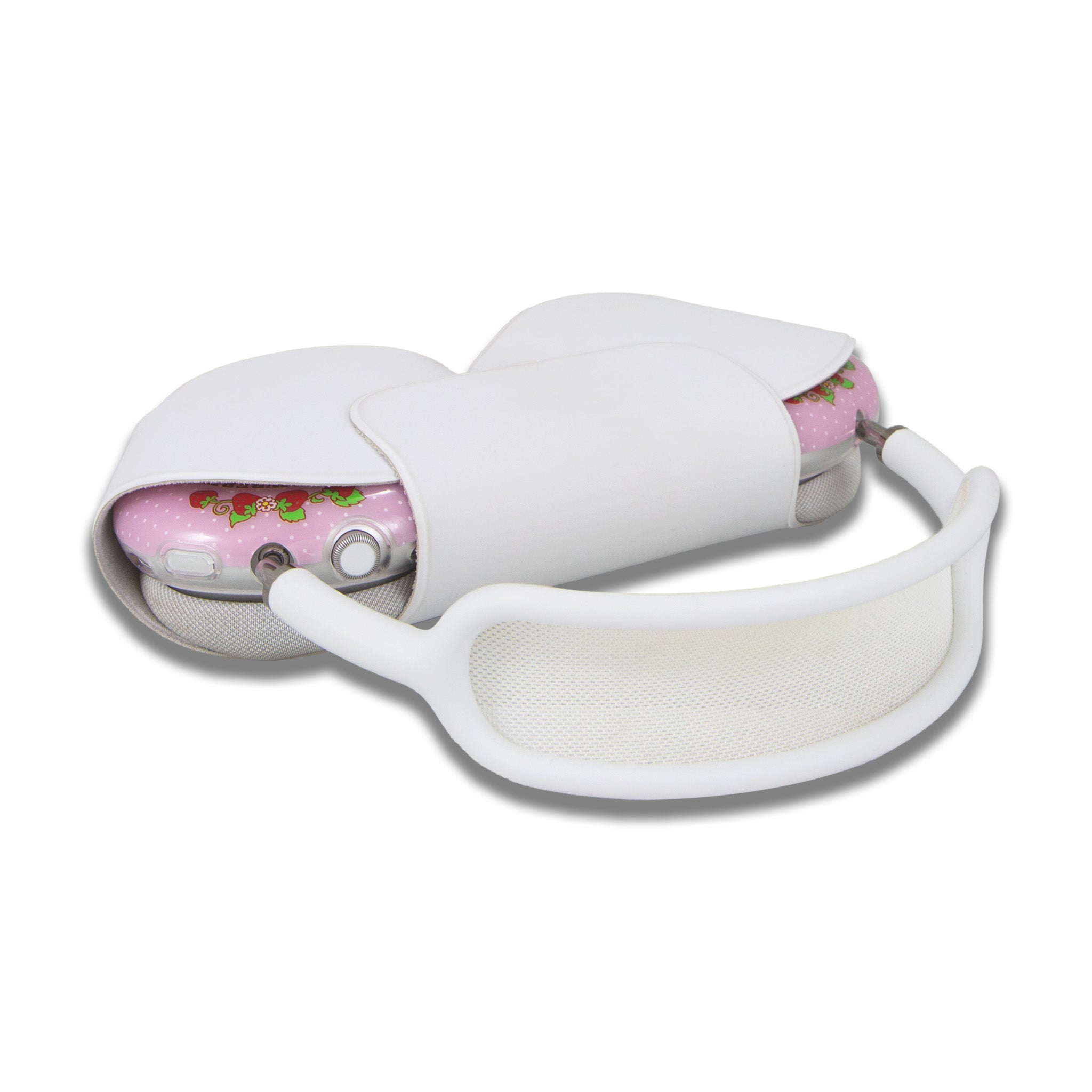 Front angle of airpods max smart case with My Melody & Shortcake illustration in pink.